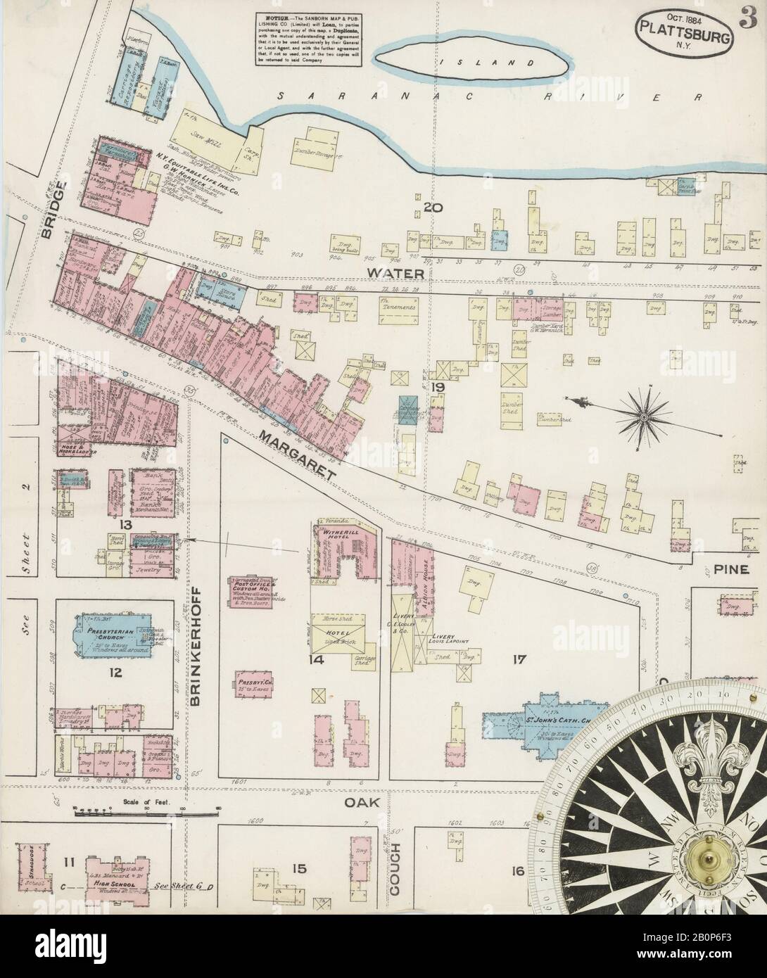 Bild 3 von Sanborn Fire Insurance Map aus Plattsburg, Clinton County, New York. Oktober 1884. 6 Blatt(e), Amerika, Straßenkarte mit einem Kompass Aus Dem 19. Jahrhundert Stockfoto