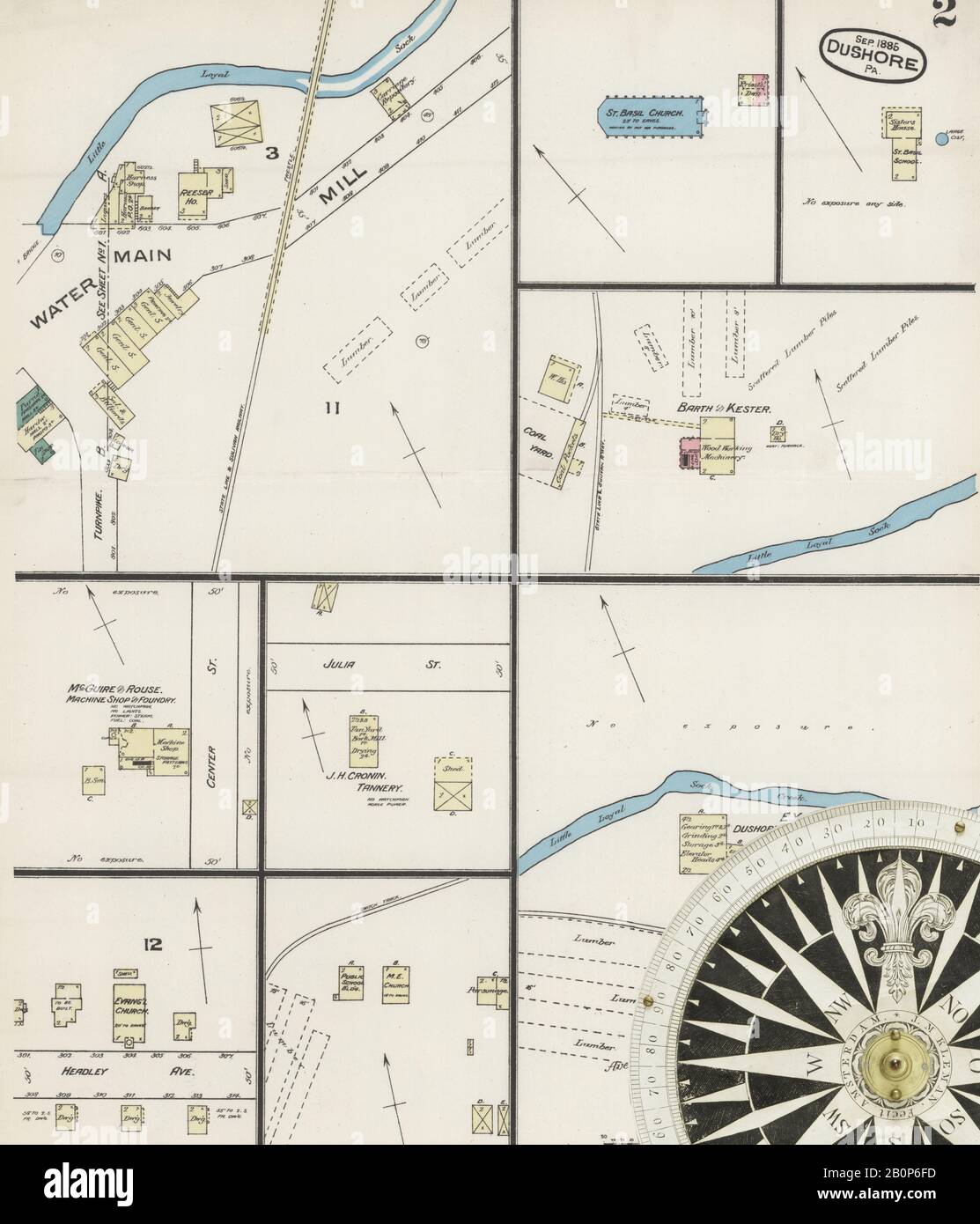 Bild 2 von Sanborn Fire Insurance Map aus Dushore, Sullivan County, Pennsylvania. Sep. 1885. 2 Blatt(e), Amerika, Straßenkarte mit einem Kompass Aus Dem 19. Jahrhundert Stockfoto