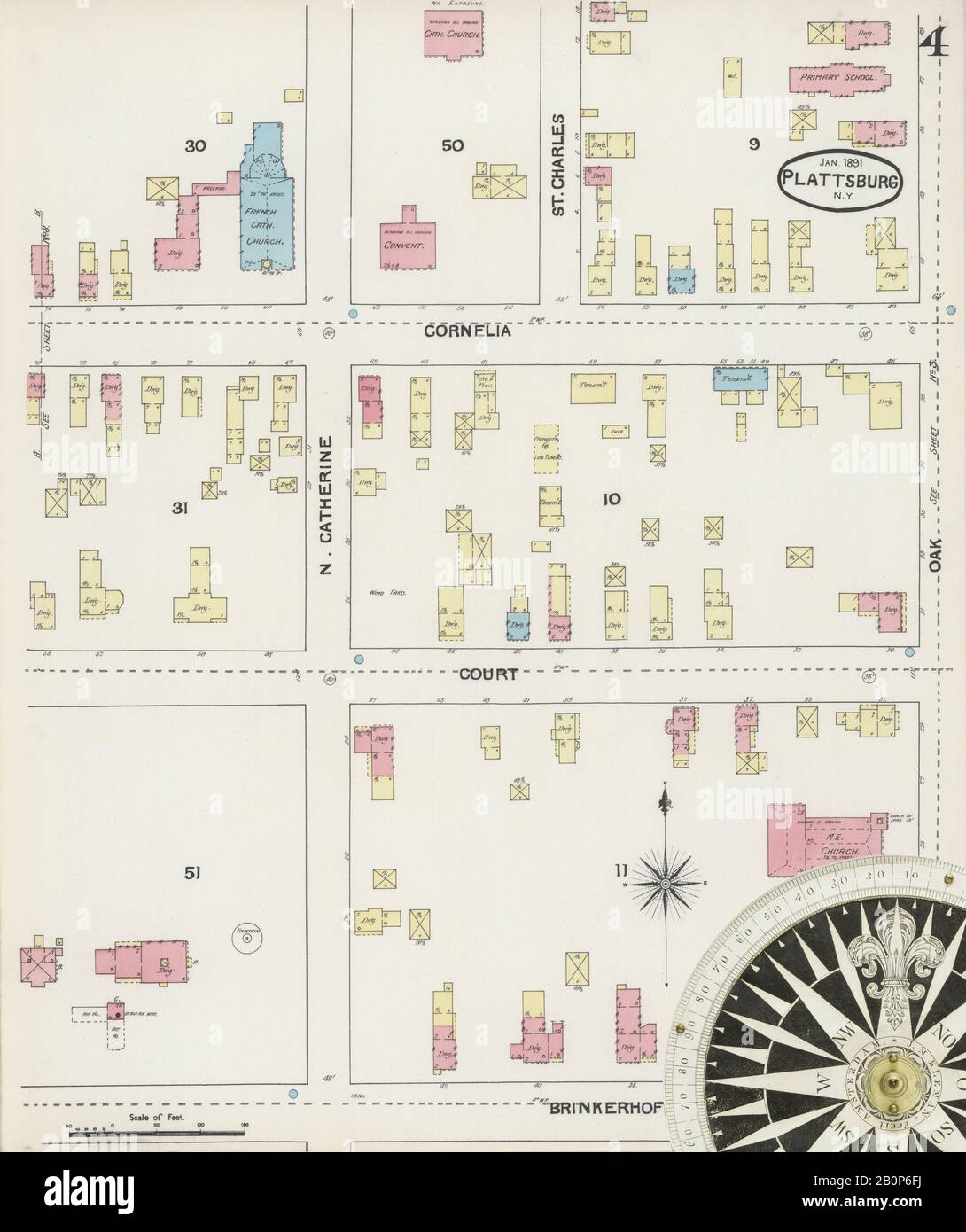 Bild 4 von Sanborn Fire Insurance Map aus Plattsburg, Clinton County, New York. Januar 1891. 10 Blatt(e), Amerika, Straßenkarte mit einem Kompass Aus Dem 19. Jahrhundert Stockfoto