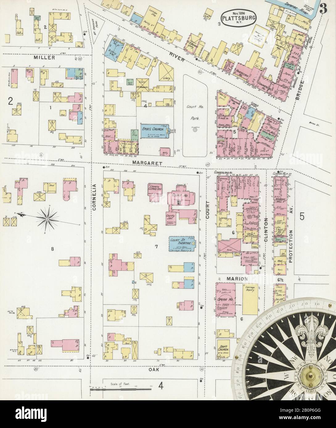 Bild 3 von Sanborn Fire Insurance Map aus Plattsburg, Clinton County, New York. Nov. 11 Blatt(e), Amerika, Straßenkarte mit einem Kompass Aus Dem 19. Jahrhundert Stockfoto
