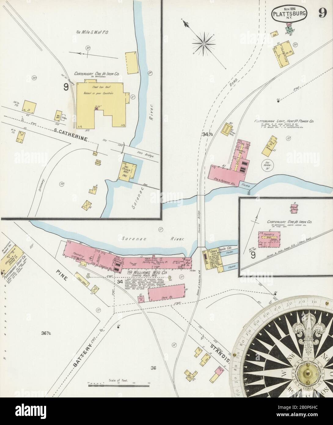 Bild 9 von Sanborn Fire Insurance Map aus Plattsburg, Clinton County, New York. Nov. 11 Blatt(e), Amerika, Straßenkarte mit einem Kompass Aus Dem 19. Jahrhundert Stockfoto