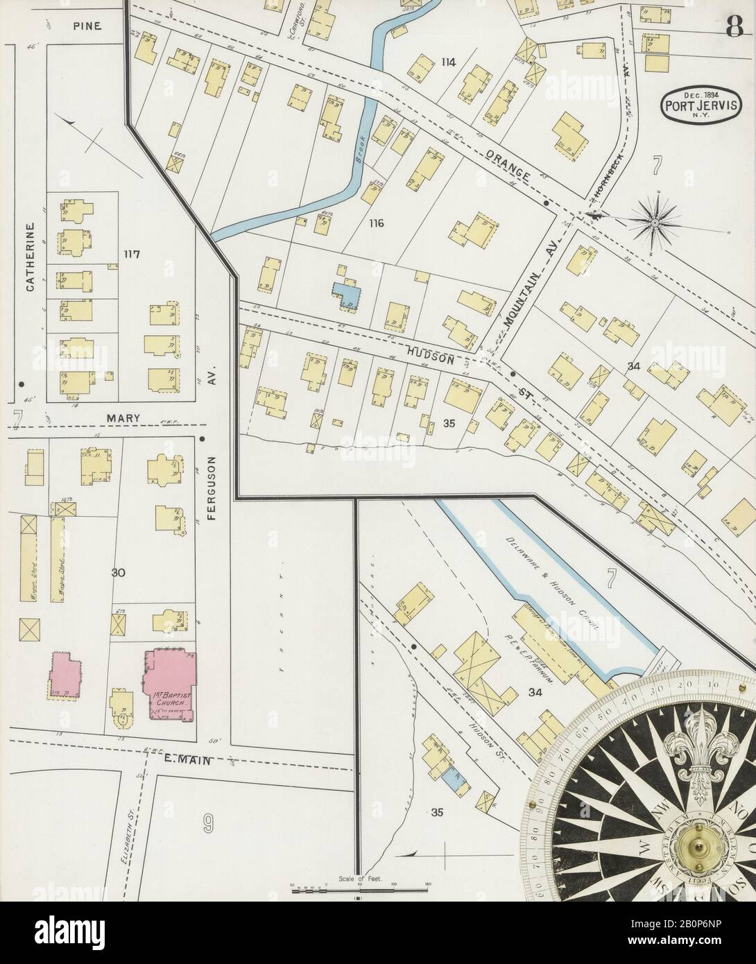 Bild 8 von Sanborn Fire Insurance Map aus Port Jervis, Orange County, New York. Dez 1894. 16 Blatt(e), Amerika, Straßenkarte mit einem Kompass Aus Dem 19. Jahrhundert Stockfoto