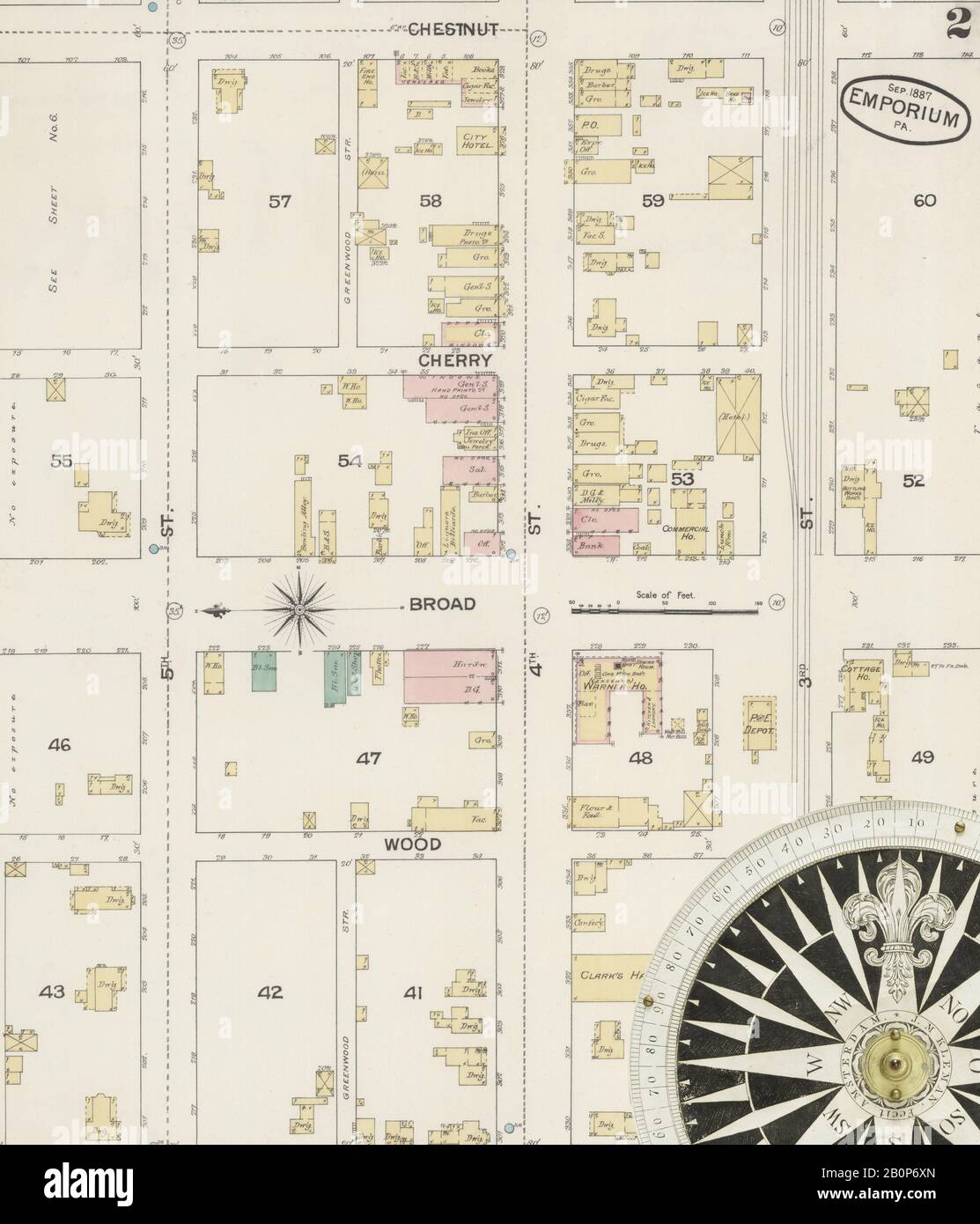 Bild 2 von Sanborn Fire Insurance Map aus Emporium, Cameron County, Pennsylvania. Sep. 6 Blatt(e), Amerika, Straßenkarte mit einem Kompass Aus Dem 19. Jahrhundert Stockfoto