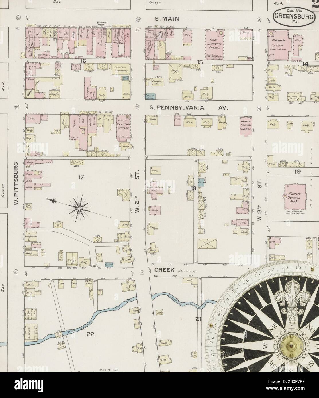 Bild 2 von Sanborn Fire Insurance Map aus Greensburg, Westmoreland County, Pennsylvania. Dezember 1886. 4 Blatt(e), Amerika, Straßenkarte mit einem Kompass Aus Dem 19. Jahrhundert Stockfoto