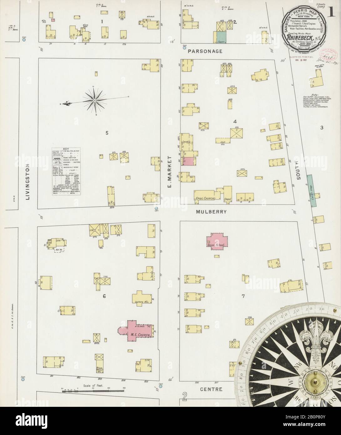 Bild 1 von Sanborn Fire Insurance Map aus Rhinebeck, Dutchess County, New York. Januar 1895. 3 Blatt(e), Amerika, Straßenkarte mit einem Kompass Aus Dem 19. Jahrhundert Stockfoto