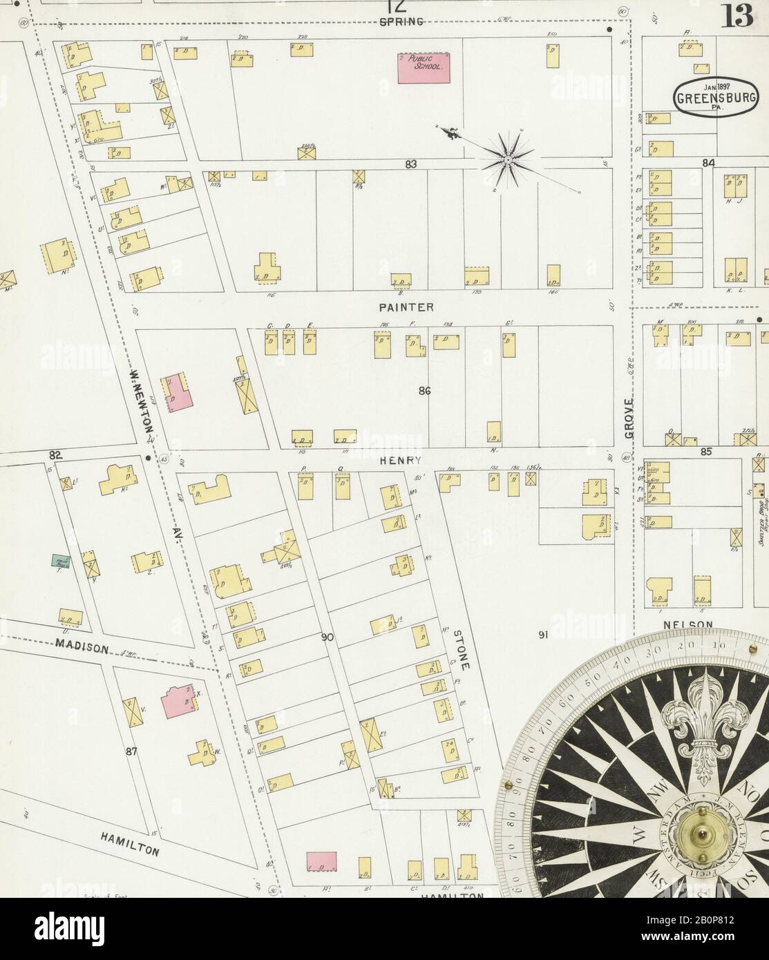 Bild 13 von Sanborn Fire Insurance Map aus Greensburg, Westmoreland County, Pennsylvania. Januar 1897. 15 Blatt(e), Amerika, Straßenkarte mit einem Kompass Aus Dem 19. Jahrhundert Stockfoto