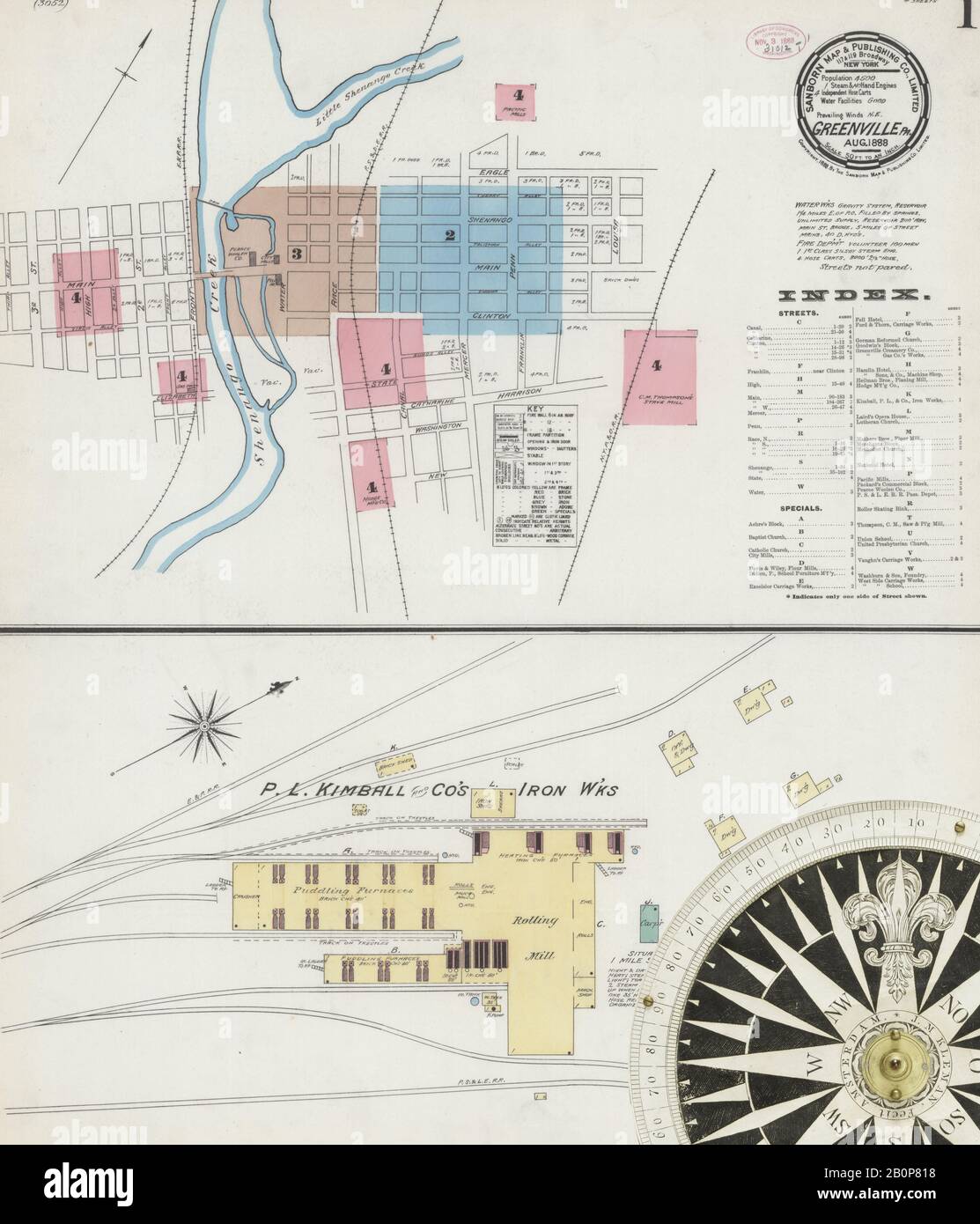 Bild 1 von Sanborn Fire Insurance Map aus Greenville, Mercer County, Pennsylvania. August 1888. 4 Blatt(e), Amerika, Straßenkarte mit einem Kompass Aus Dem 19. Jahrhundert Stockfoto