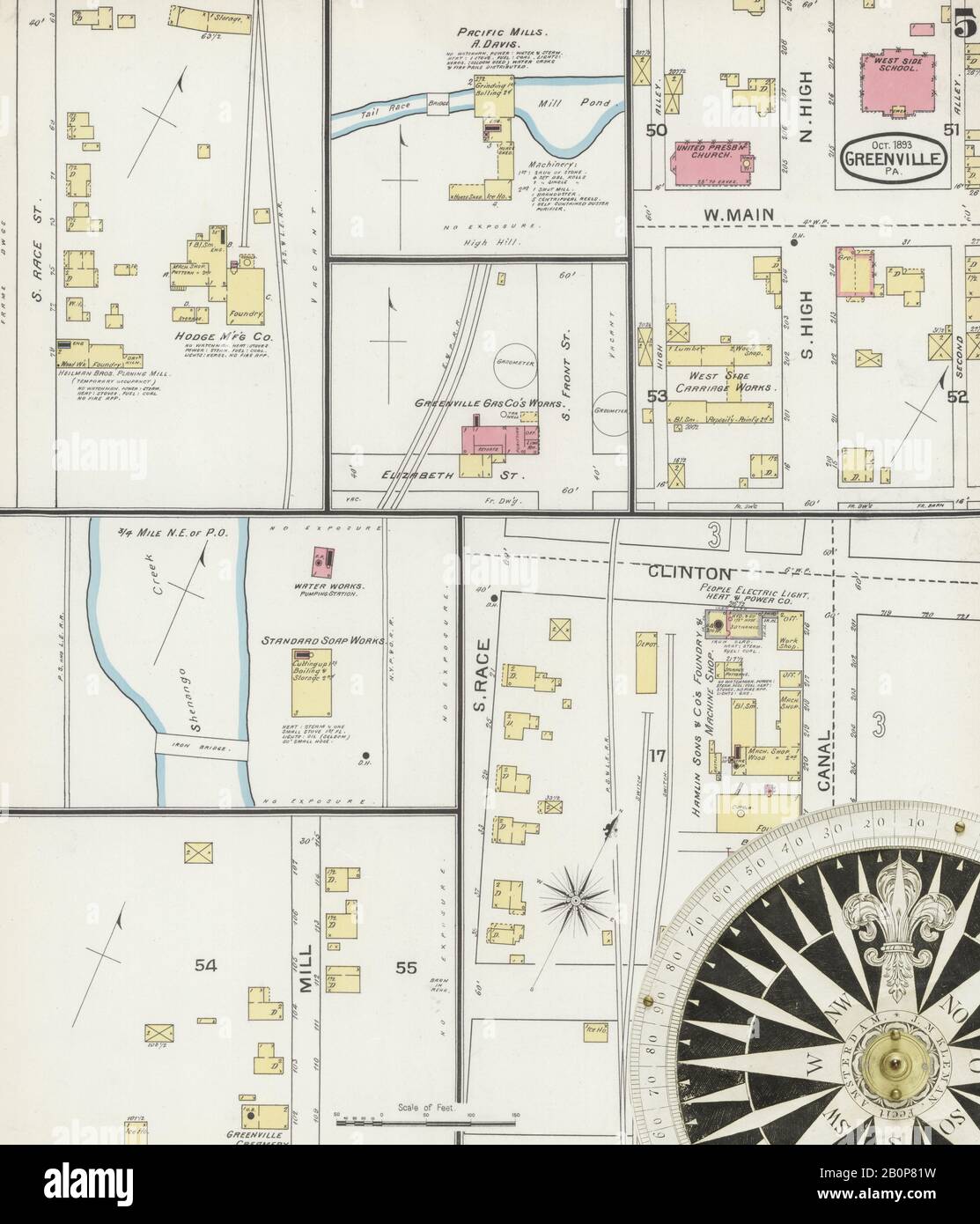 Bild 5 von Sanborn Fire Insurance Map aus Greenville, Mercer County, Pennsylvania. Okt 1893. 5 Blatt(e), Amerika, Straßenkarte mit einem Kompass Aus Dem 19. Jahrhundert Stockfoto