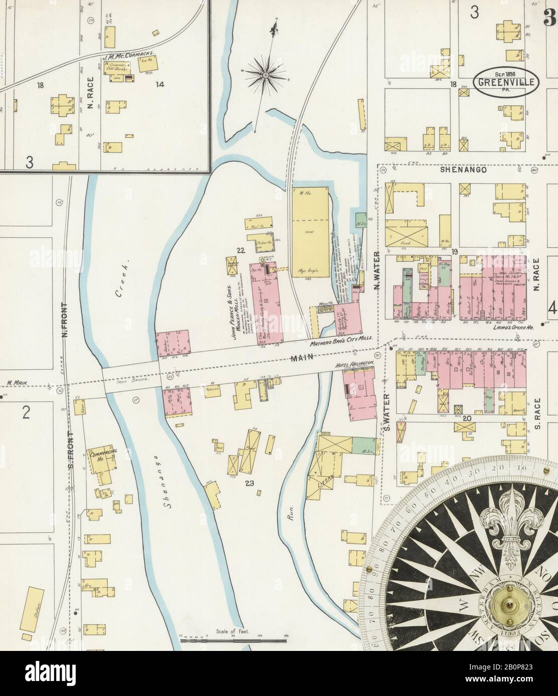 Bild 3 von Sanborn Fire Insurance Map aus Greenville, Mercer County, Pennsylvania. Sep 1898. 7 Blatt(e), Amerika, Straßenkarte mit einem Kompass Aus Dem 19. Jahrhundert Stockfoto
