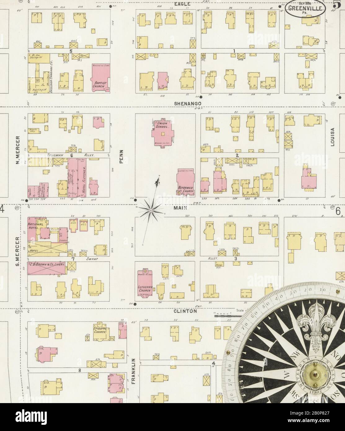 Bild 5 von Sanborn Fire Insurance Map aus Greenville, Mercer County, Pennsylvania. Sep 1898. 7 Blatt(e), Amerika, Straßenkarte mit einem Kompass Aus Dem 19. Jahrhundert Stockfoto