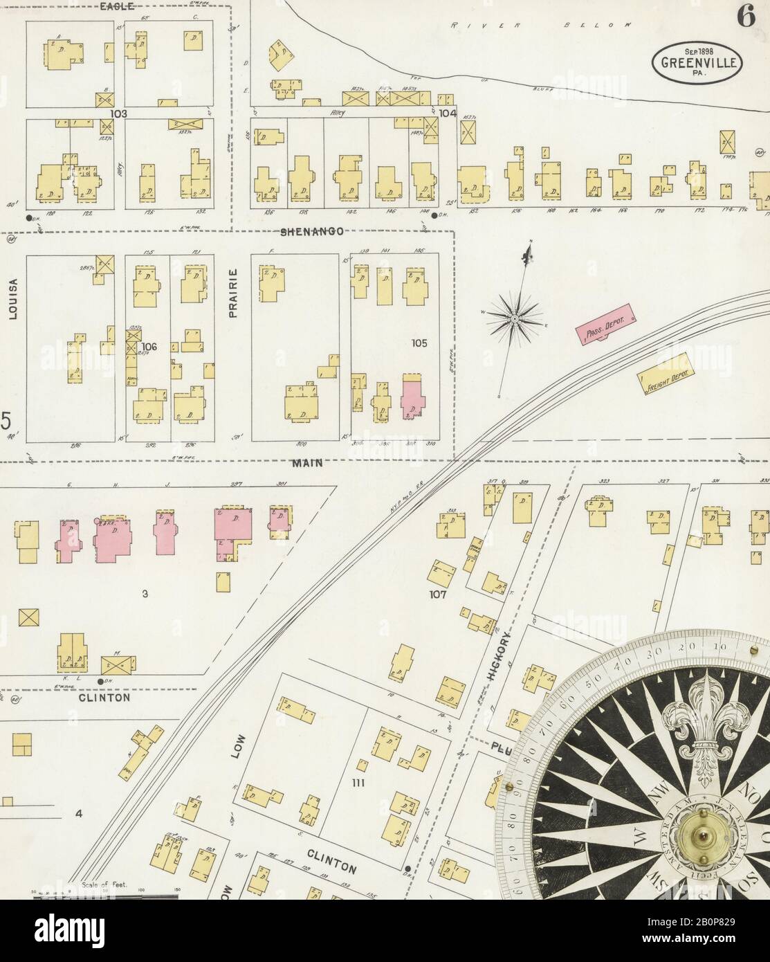 Bild 6 von Sanborn Fire Insurance Map aus Greenville, Mercer County, Pennsylvania. Sep 1898. 7 Blatt(e), Amerika, Straßenkarte mit einem Kompass Aus Dem 19. Jahrhundert Stockfoto