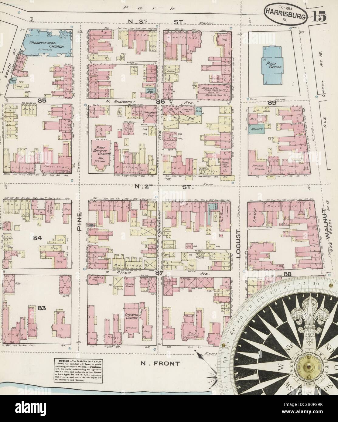 Bild 15 von Sanborn Fire Insurance Map aus Harrisburg, Dauphin County, Pennsylvania. Oktober 1884. 28 Blatt(e), Amerika, Straßenkarte mit einem Kompass Aus Dem 19. Jahrhundert Stockfoto