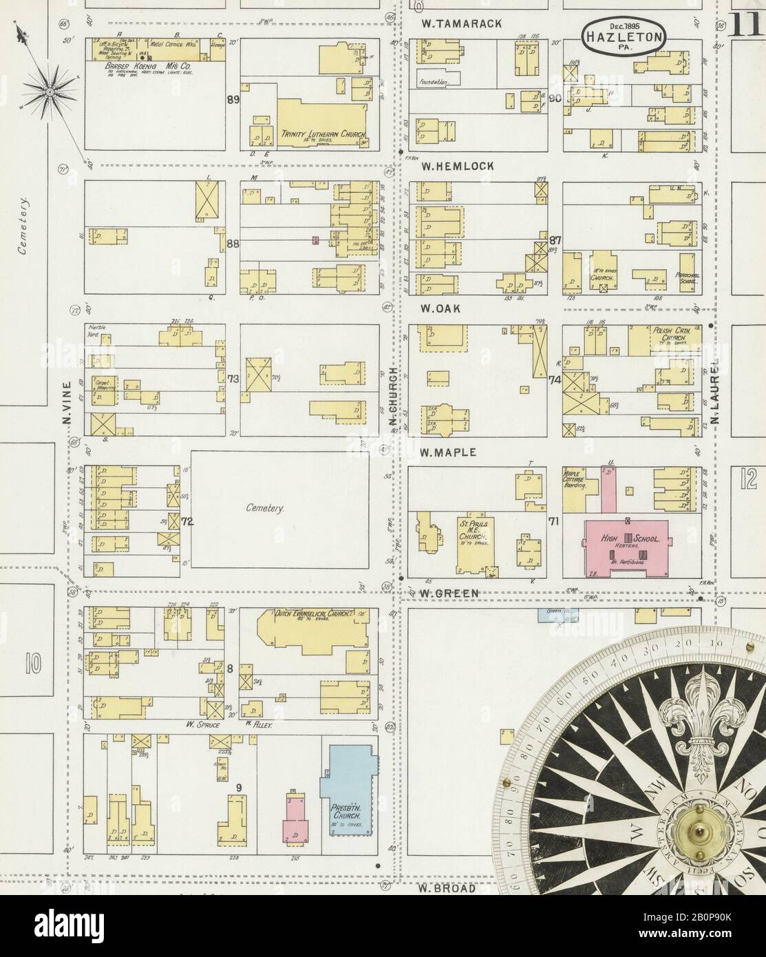 Bild 11 von Sanborn Fire Insurance Map aus Hazleton, Luzerne County, Pennsylvania. Dezember 1895. 24 Blatt(e), Amerika, Straßenkarte mit einem Kompass Aus Dem 19. Jahrhundert Stockfoto