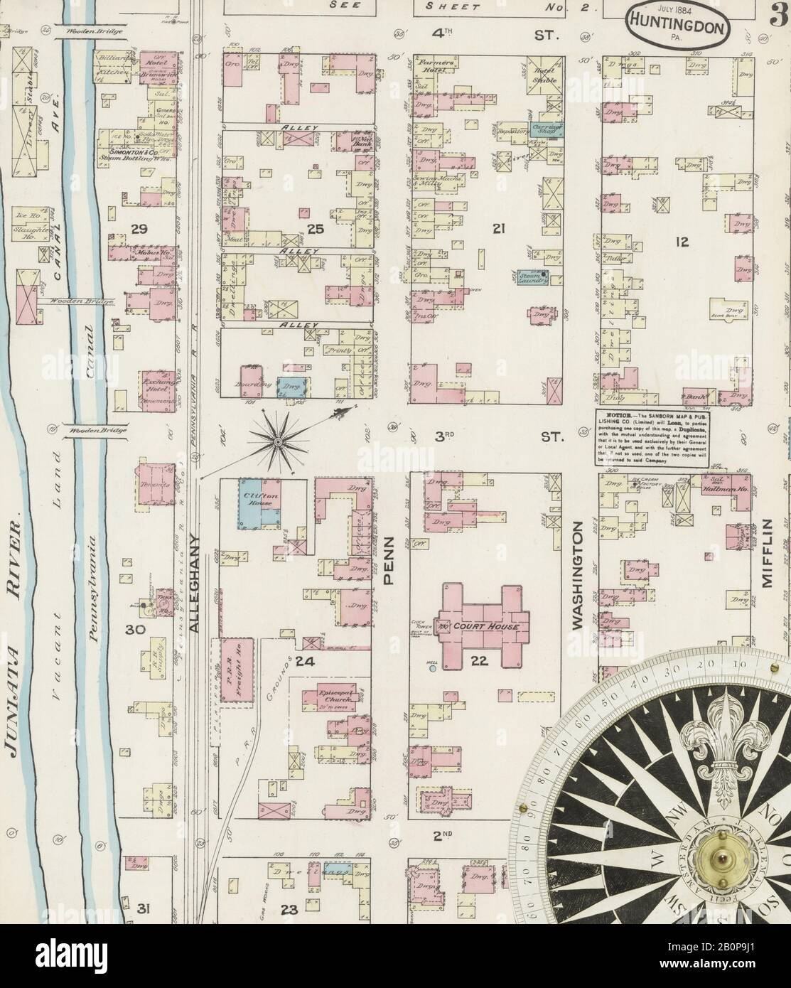 Bild 3 von Sanborn Fire Insurance Map aus Huntingdon, Huntingdon County, Pennsylvania. Jul. 4 Blatt(e), Amerika, Straßenkarte mit einem Kompass Aus Dem 19. Jahrhundert Stockfoto