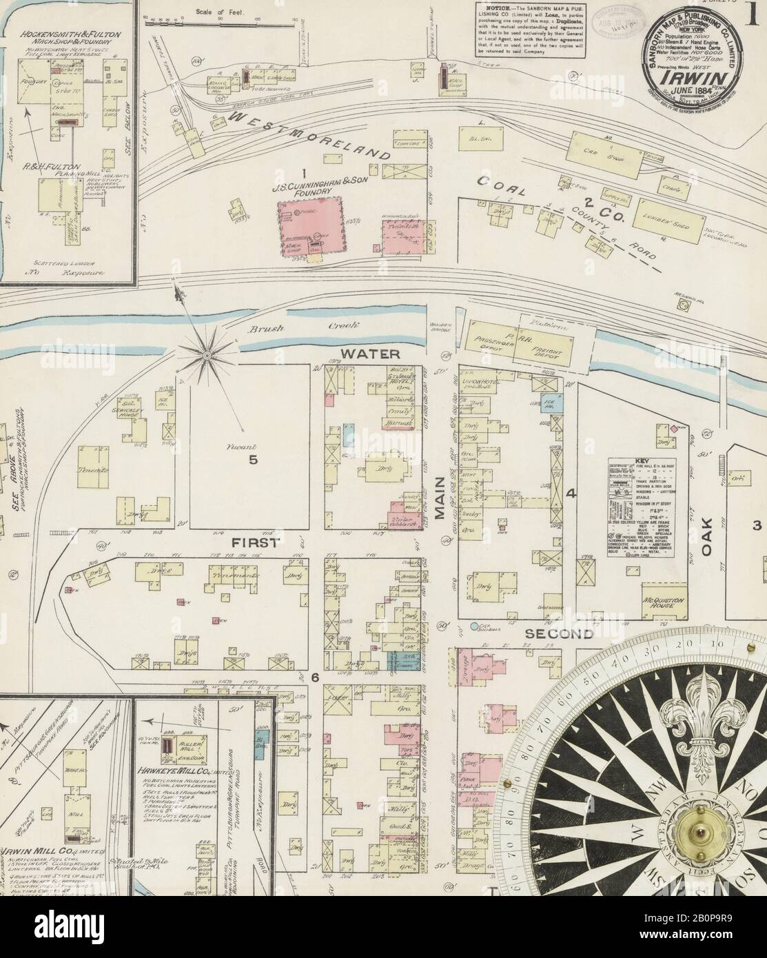 Bild 1 von Sanborn Fire Insurance Map aus Irwin, Westmoreland County, Pennsylvania. Juni 1884. 2 Blatt(e), Amerika, Straßenkarte mit einem Kompass Aus Dem 19. Jahrhundert Stockfoto