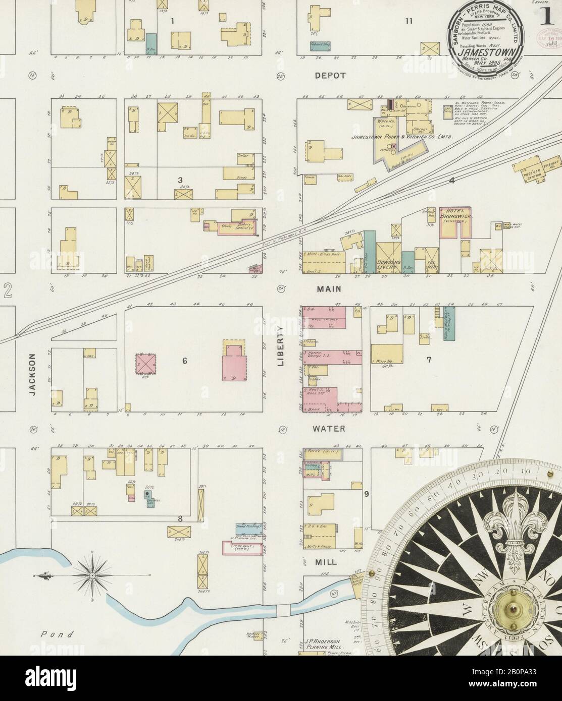 Bild 1 von Sanborn Fire Insurance Map aus Jamestown, Mercer County, Pennsylvania. Mai 1895. 2 Blatt(e), Amerika, Straßenkarte mit einem Kompass Aus Dem 19. Jahrhundert Stockfoto