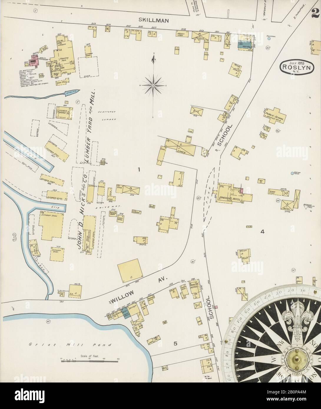 Bild 2 von Sanborn Fire Insurance Map aus Roslyn, Nassau-County, New York. Juli 1893. 3 Blatt(e), Amerika, Straßenkarte mit einem Kompass Aus Dem 19. Jahrhundert Stockfoto