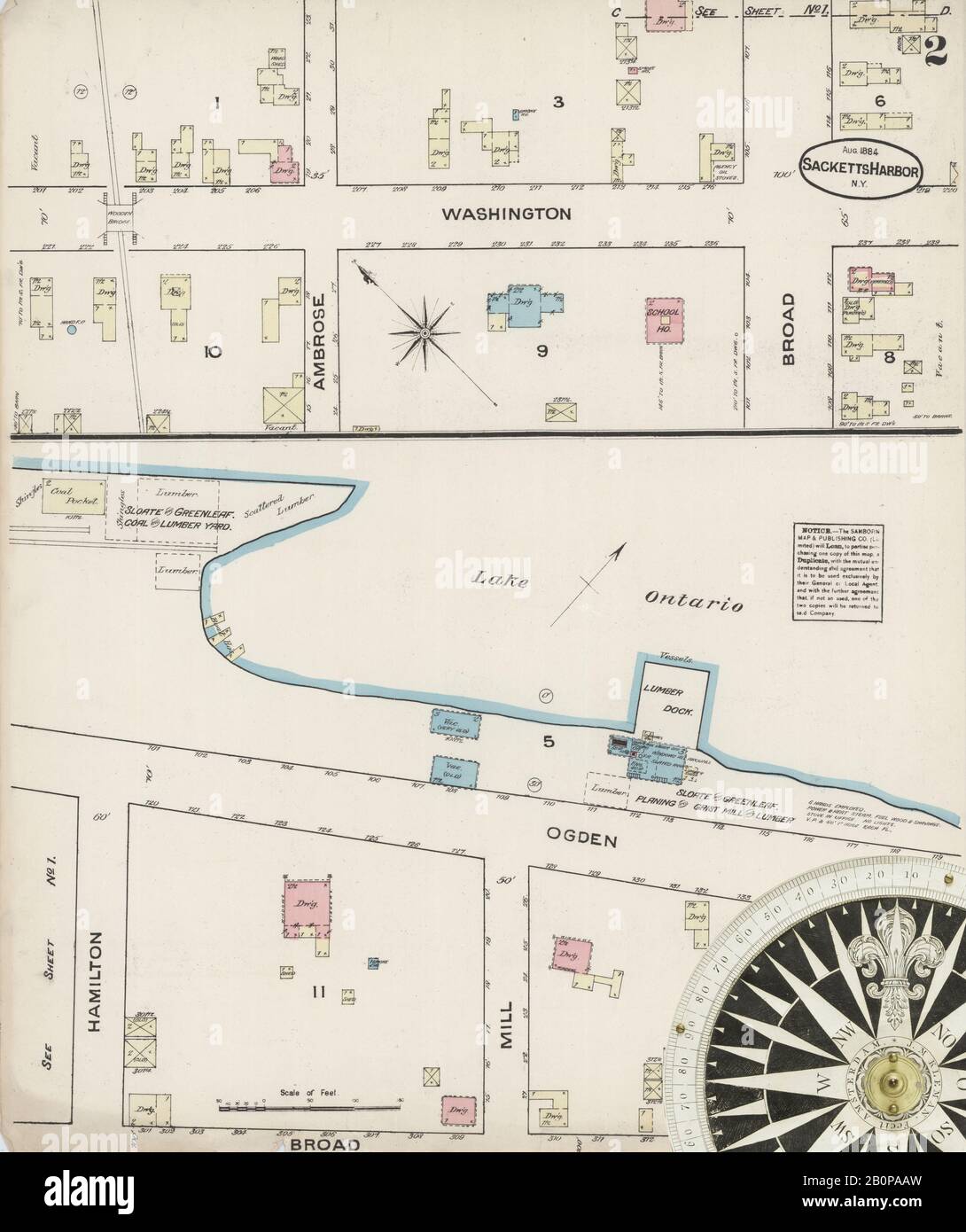 Bild 2 von Sanborn Fire Insurance Map aus Sackets Harbor, Jefferson County, New York. August 1884A. 2 Blatt(e), Amerika, Straßenkarte mit einem Kompass Aus Dem 19. Jahrhundert Stockfoto