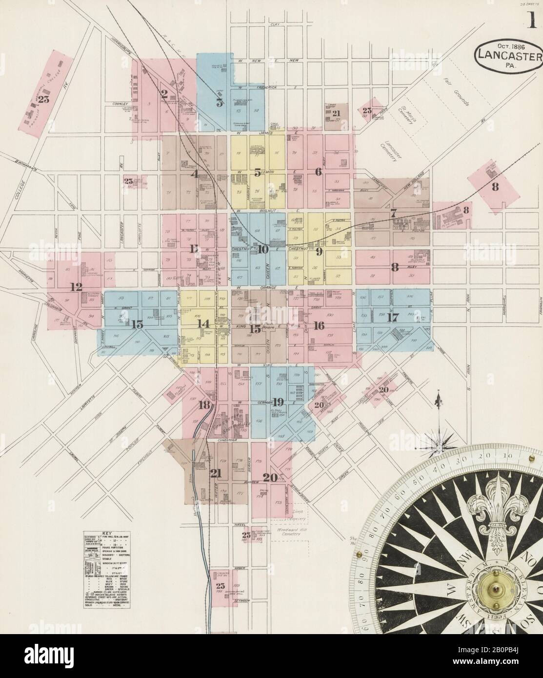 Map Of Lancaster City Pa Bild 1 Von Sanborn Fire Insurance Map Aus Lancaster, Lancaster County,  Pennsylvania. Oktober 1886. 25 Blatt(E), Amerika, Straßenkarte Mit Einem  Kompass Aus Dem 19. Jahrhundert Stockfotografie - Alamy