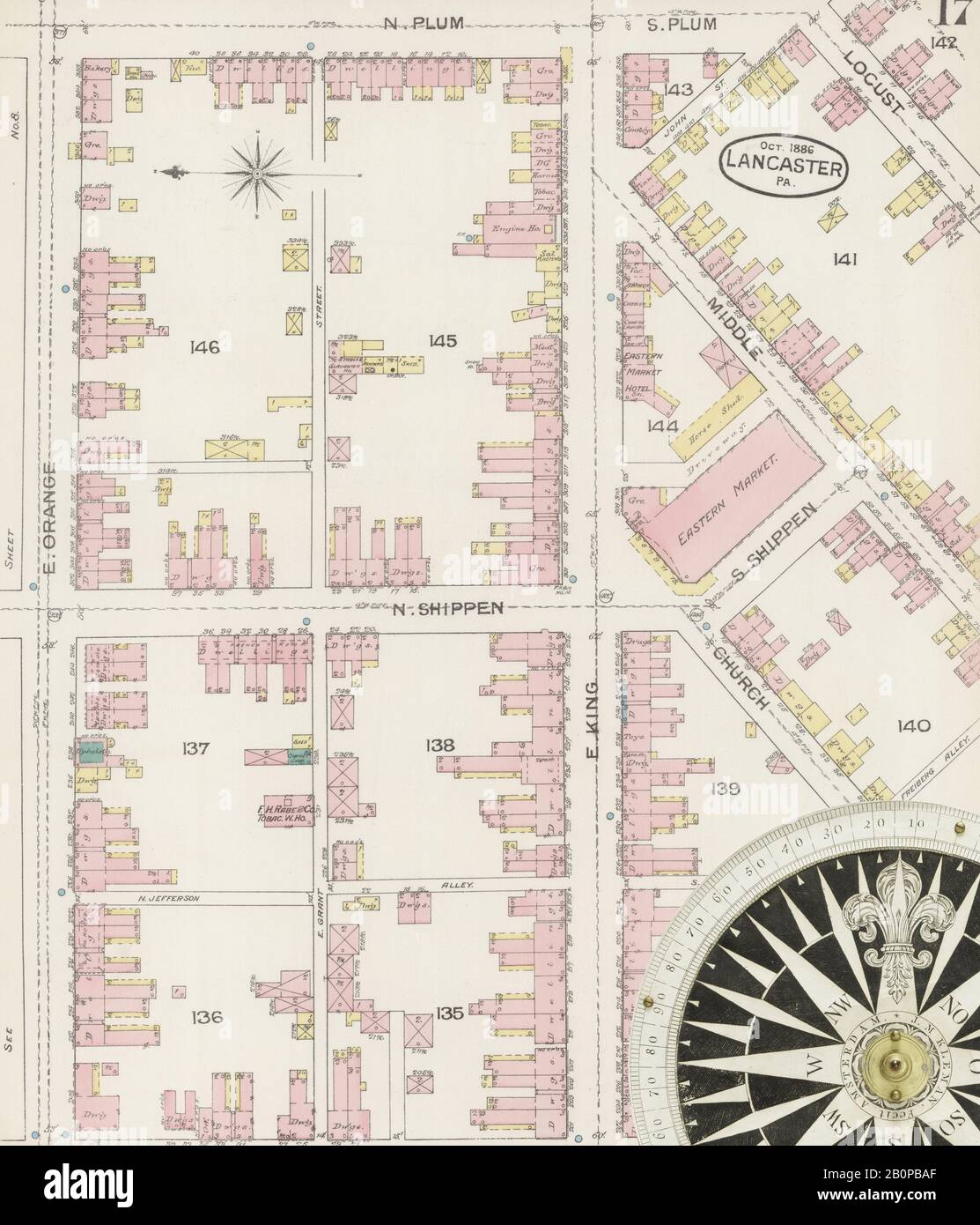 Bild 17 von Sanborn Fire Insurance Map aus Lancaster, Lancaster County, Pennsylvania. Oktober 1886. 25 Blatt(e), Amerika, Straßenkarte mit einem Kompass Aus Dem 19. Jahrhundert Stockfoto