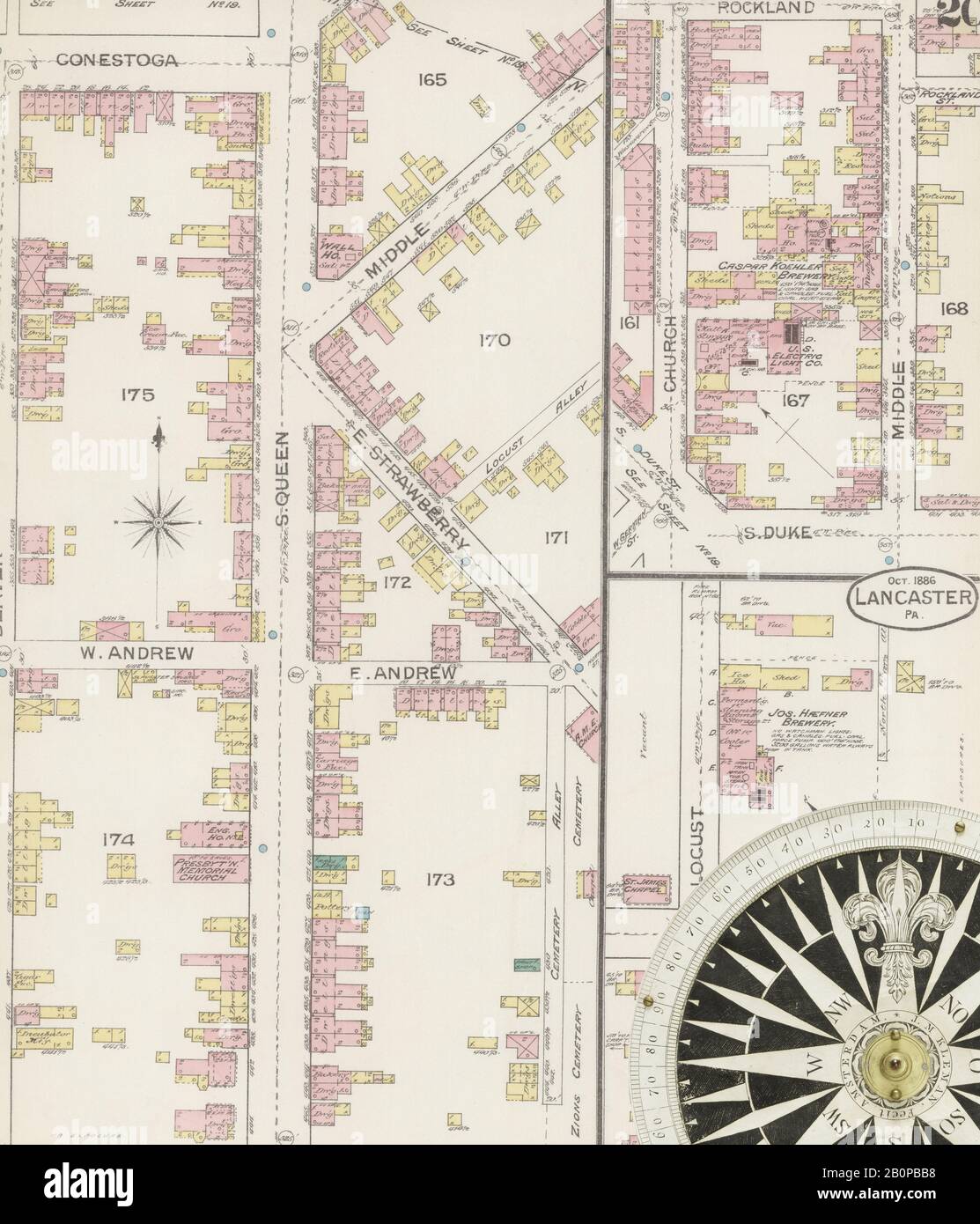 Bild 20 von Sanborn Fire Insurance Map aus Lancaster, Lancaster County, Pennsylvania. Oktober 1886. 25 Blatt(e), Amerika, Straßenkarte mit einem Kompass Aus Dem 19. Jahrhundert Stockfoto