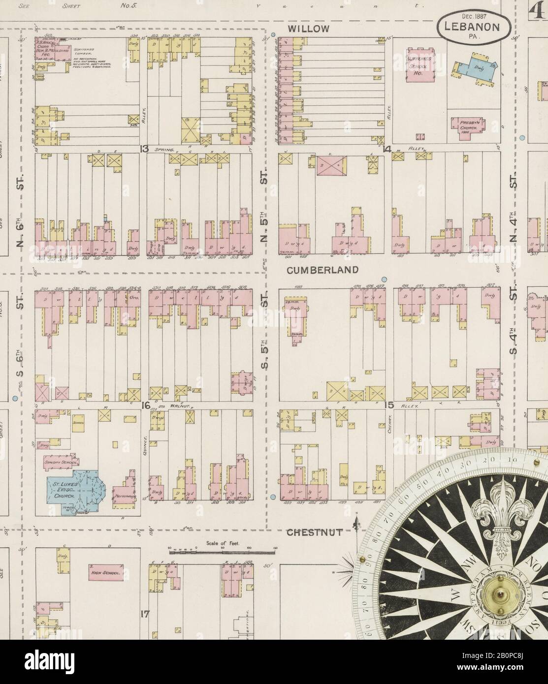 Bild 4 von Sanborn Fire Insurance Map aus Libanon, Libanon County, Pennsylvania. Dezember 1887. 14 Blatt(e), Amerika, Straßenkarte mit einem Kompass Aus Dem 19. Jahrhundert Stockfoto