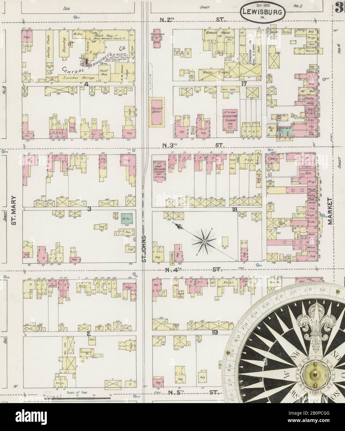 Bild 3 von Sanborn Fire Insurance Map aus Lewisburg, Union County, Pennsylvania. Sep 1890. 8 Blatt(e), Amerika, Straßenkarte mit einem Kompass Aus Dem 19. Jahrhundert Stockfoto