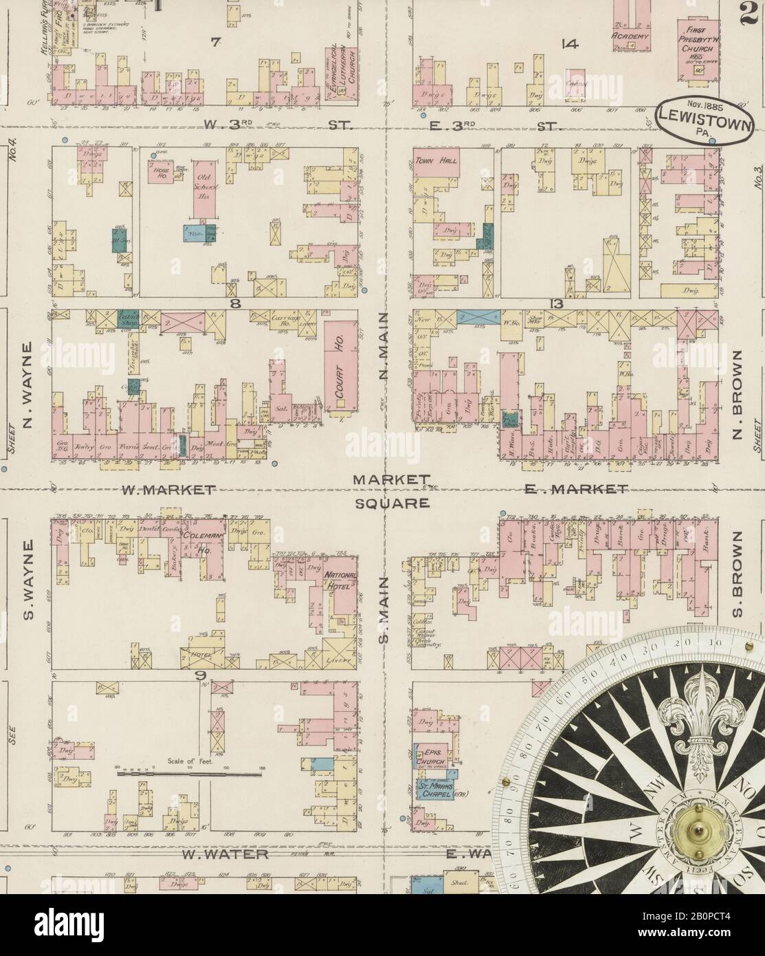 Bild 2 von Sanborn Fire Insurance Map aus Lewistown, Mifflin County, Pennsylvania. November 1885. 5 Blatt(e), Amerika, Straßenkarte mit einem Kompass Aus Dem 19. Jahrhundert Stockfoto