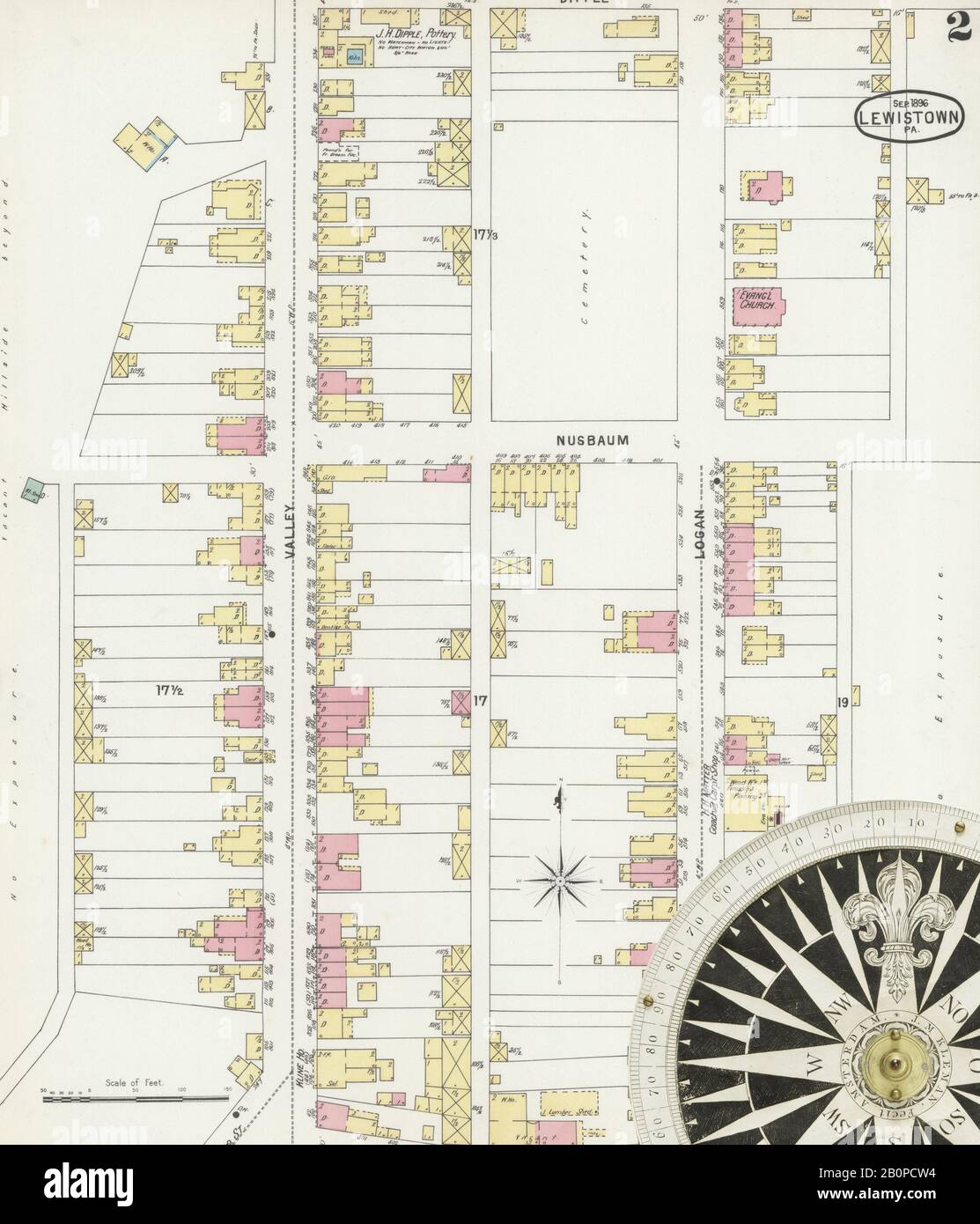 Bild 2 von Sanborn Fire Insurance Map aus Lewistown, Mifflin County, Pennsylvania. Sep. 11 Blatt(e), Amerika, Straßenkarte mit einem Kompass Aus Dem 19. Jahrhundert Stockfoto