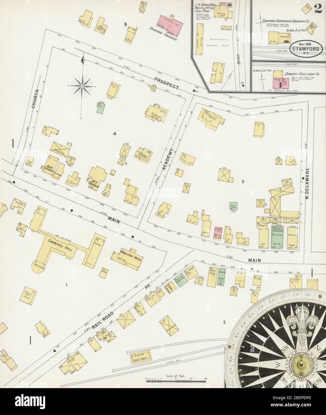 Bild 2 von Sanborn Fire Insurance Map aus Stamford, Delaware County, New York. Mai 1898. 2 Blatt(e), Amerika, Straßenkarte mit einem Kompass Aus Dem 19. Jahrhundert Stockfoto