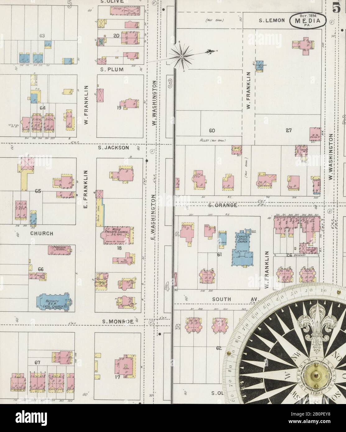 Bild 5 von Sanborn Fire Insurance Map aus Media, Delaware County, Pennsylvania. Okt 1894. 6 Blatt(e), Amerika, Straßenkarte mit einem Kompass Aus Dem 19. Jahrhundert Stockfoto