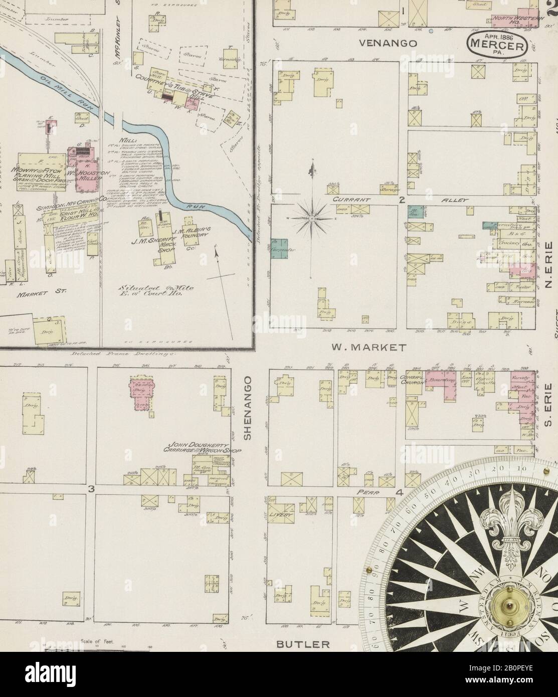 Bild 2 von Sanborn Fire Insurance Map aus Mercer, Mercer County, Pennsylvania. Apr. 2 Blatt(e), Amerika, Straßenkarte mit einem Kompass Aus Dem 19. Jahrhundert Stockfoto