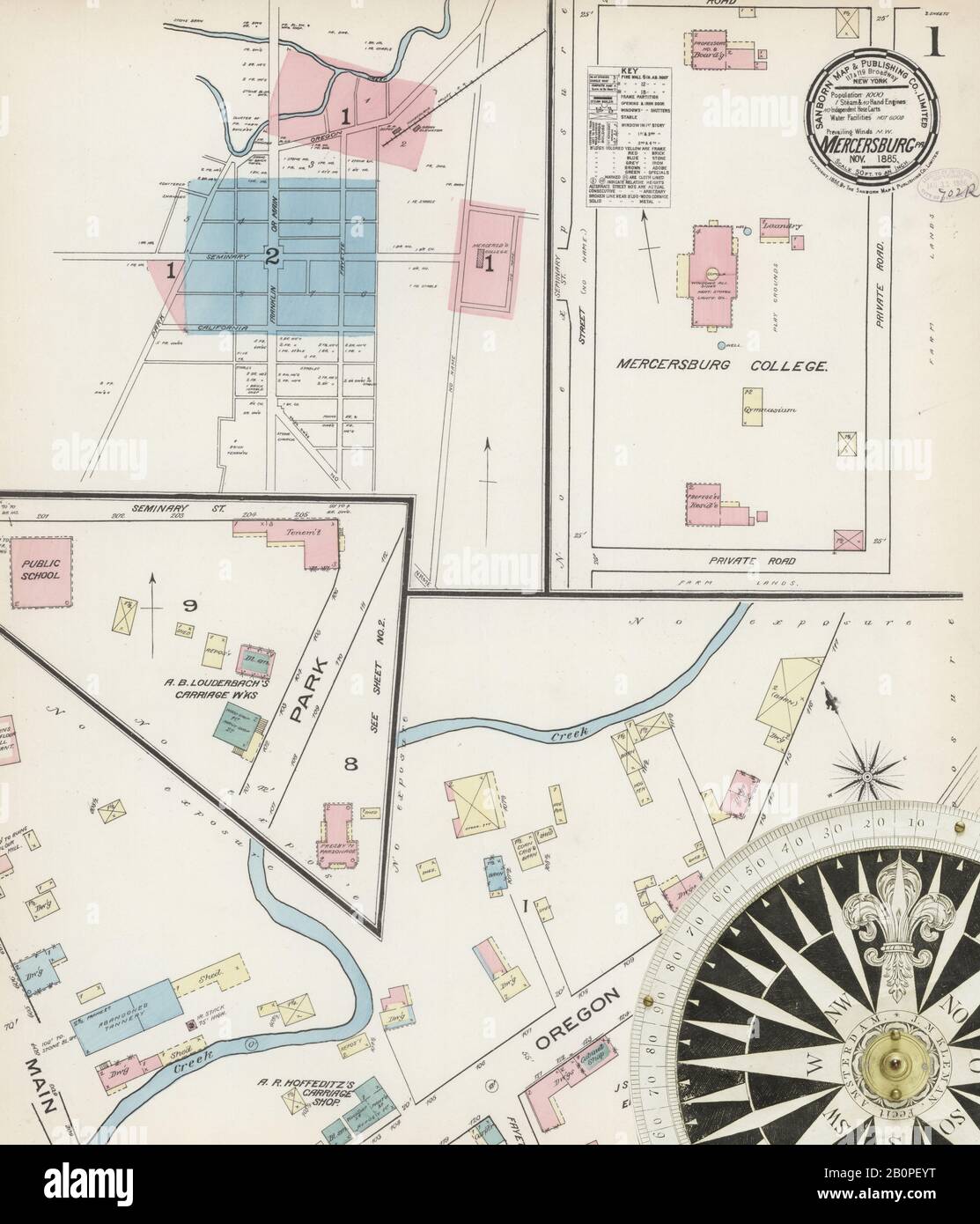 Bild 1 von Sanborn Fire Insurance Map aus Mercersburg, Franklin County, Pennsylvania. November 1885. 2 Blatt(e), Amerika, Straßenkarte mit einem Kompass Aus Dem 19. Jahrhundert Stockfoto