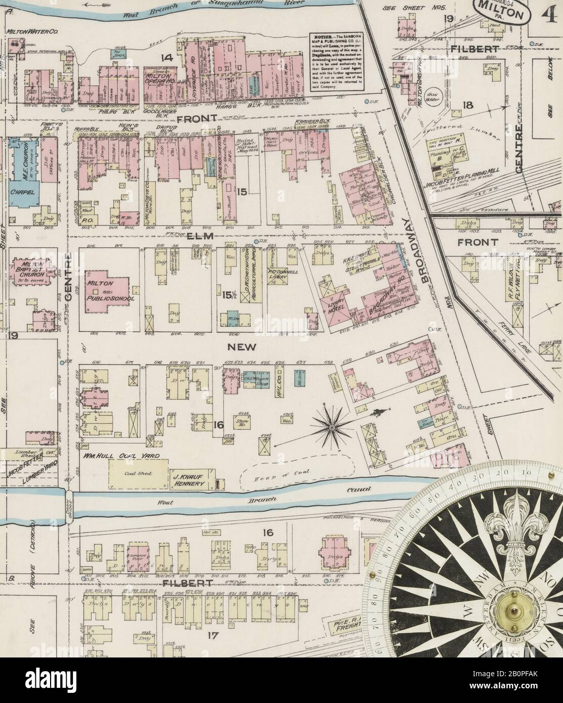 Bild 4 von Sanborn Fire Insurance Map aus Milton, Northumberland County, Pennsylvania. August 1884A. 5 Blatt(e), Amerika, Straßenkarte mit einem Kompass Aus Dem 19. Jahrhundert Stockfoto