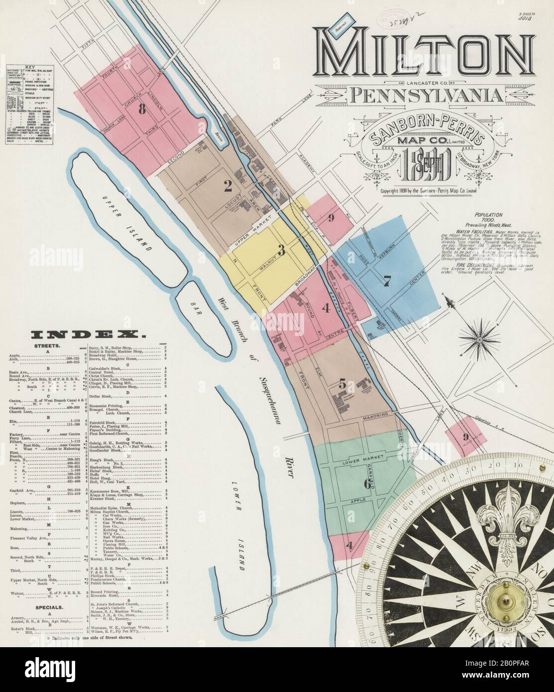 Bild 1 von Sanborn Fire Insurance Map aus Milton, Northumberland County, Pennsylvania. Sep 1890. 9 Blatt(e), Amerika, Straßenkarte mit einem Kompass Aus Dem 19. Jahrhundert Stockfoto