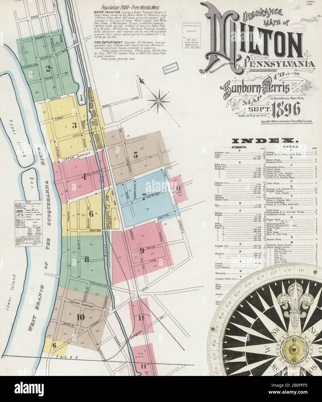 Bild 1 von Sanborn Fire Insurance Map aus Milton, Northumberland County, Pennsylvania. Sep. 11 Blatt(e), Amerika, Straßenkarte mit einem Kompass Aus Dem 19. Jahrhundert Stockfoto