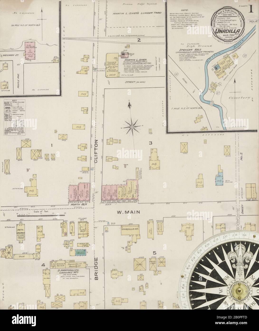 Bild 1 von Sanborn Fire Insurance Map aus Unadilla, Otsego County, New York. März 1886. 2 Blatt(e), Amerika, Straßenkarte mit einem Kompass Aus Dem 19. Jahrhundert Stockfoto