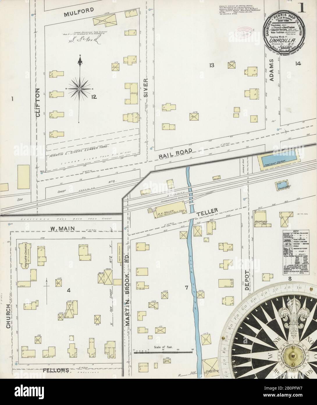 Bild 1 von Sanborn Fire Insurance Map aus Unadilla, Otsego County, New York. Jul. 3 Blatt(e), Amerika, Straßenkarte mit einem Kompass Aus Dem 19. Jahrhundert Stockfoto