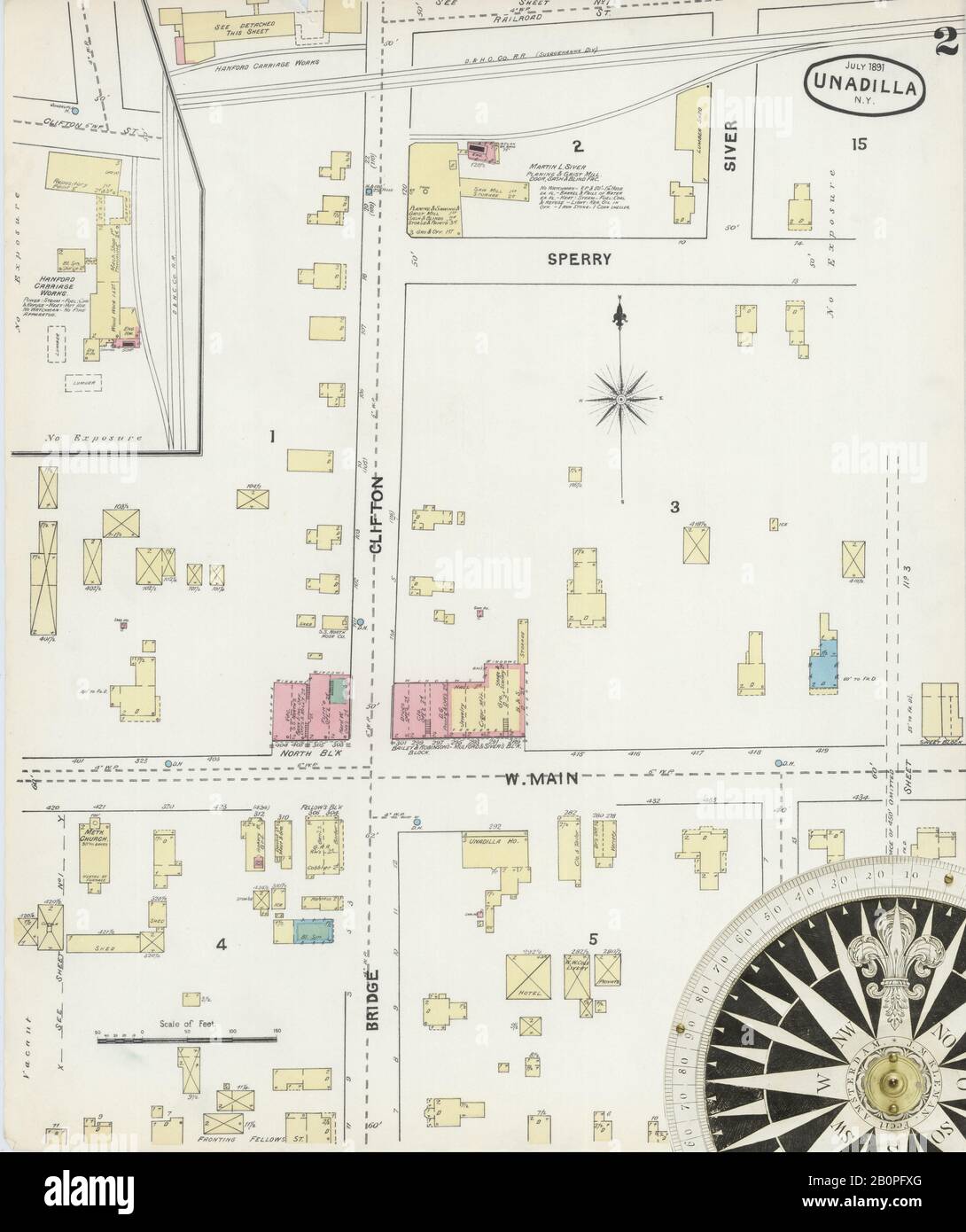 Bild 2 von Sanborn Fire Insurance Map aus Unadilla, Otsego County, New York. Jul. 3 Blatt(e), Amerika, Straßenkarte mit einem Kompass Aus Dem 19. Jahrhundert Stockfoto