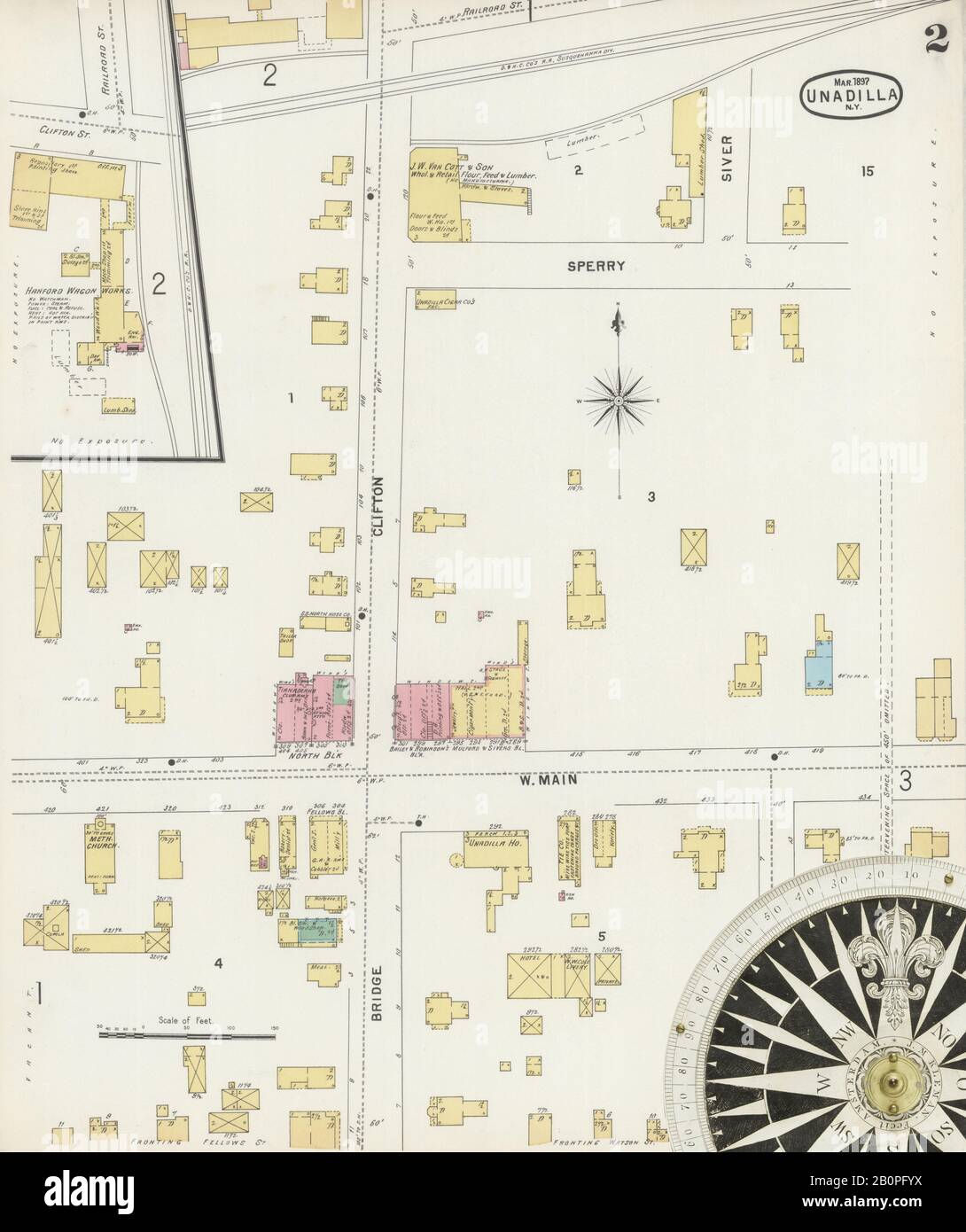 Bild 2 von Sanborn Fire Insurance Map aus Unadilla, Otsego County, New York. März 1897. 3 Blatt(e), Amerika, Straßenkarte mit einem Kompass Aus Dem 19. Jahrhundert Stockfoto