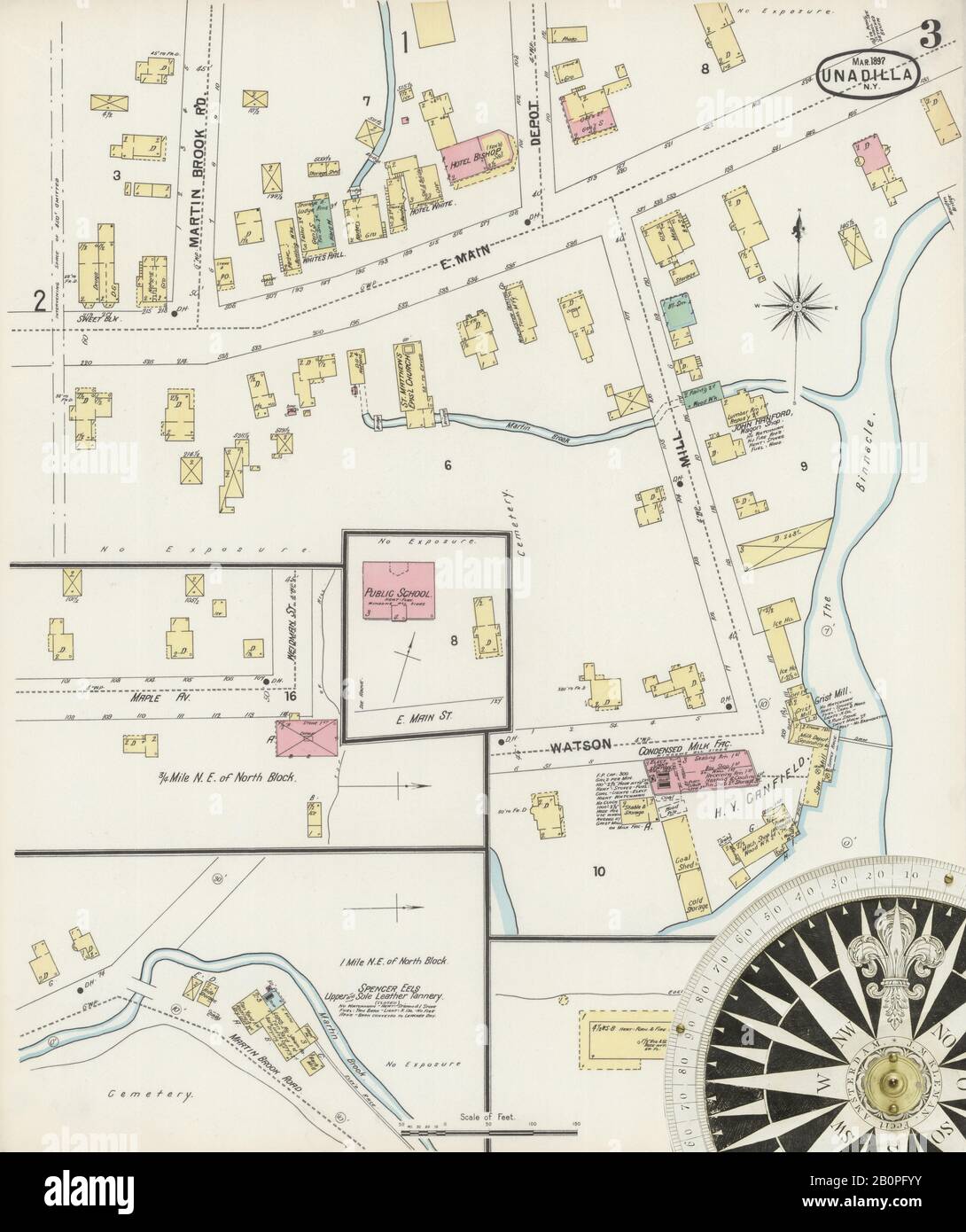 Bild 3 von Sanborn Fire Insurance Map aus Unadilla, Otsego County, New York. März 1897. 3 Blatt(e), Amerika, Straßenkarte mit einem Kompass Aus Dem 19. Jahrhundert Stockfoto