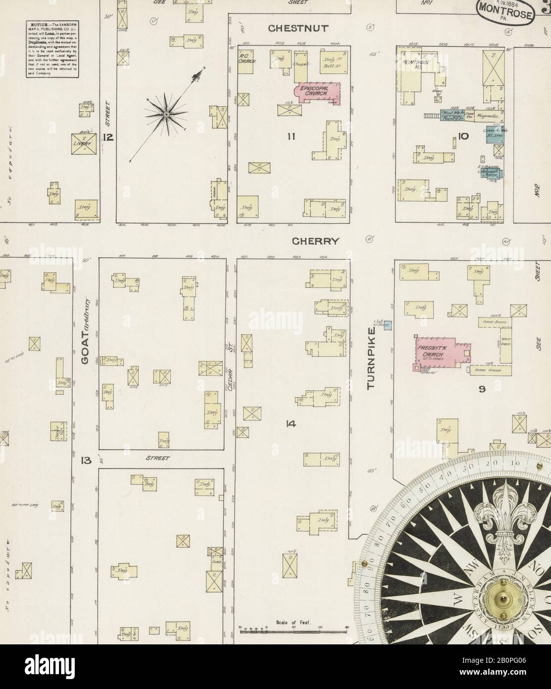 Bild 3 von Sanborn Fire Insurance Map aus Montrose, Susquehanna County, Pennsylvania. November 1884Er. 3 Blatt(e), Amerika, Straßenkarte mit einem Kompass Aus Dem 19. Jahrhundert Stockfoto