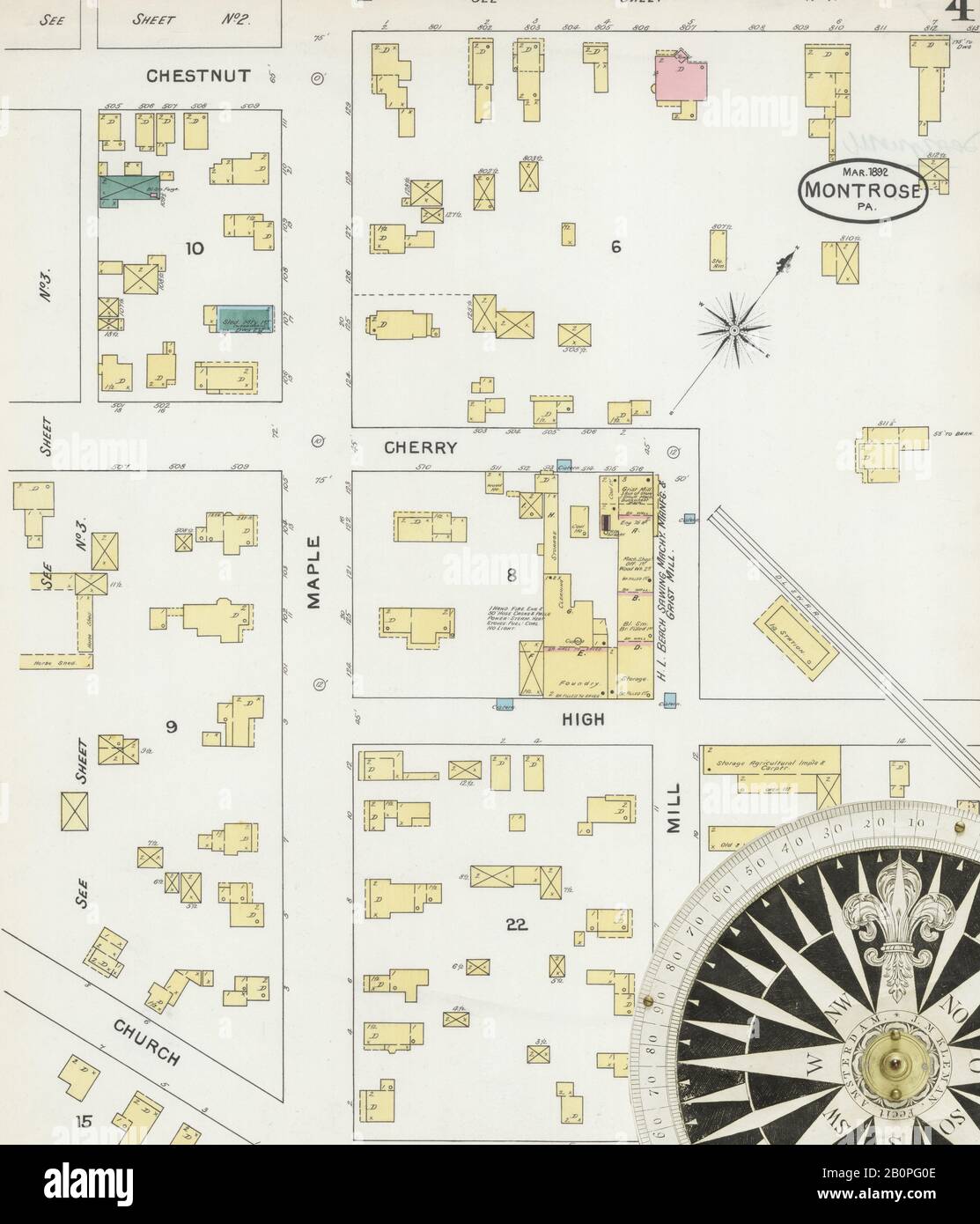 Bild 4 von Sanborn Fire Insurance Map aus Montrose, Susquehanna County, Pennsylvania. März 1892. 4 Blatt(e), Amerika, Straßenkarte mit einem Kompass Aus Dem 19. Jahrhundert Stockfoto