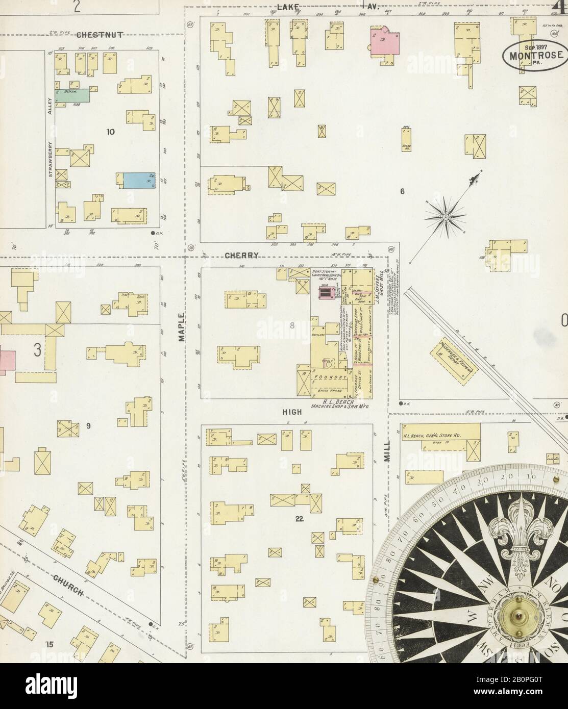 Bild 4 von Sanborn Fire Insurance Map aus Montrose, Susquehanna County, Pennsylvania. Sep. 1897. 4 Blatt(e), Amerika, Straßenkarte mit einem Kompass Aus Dem 19. Jahrhundert Stockfoto