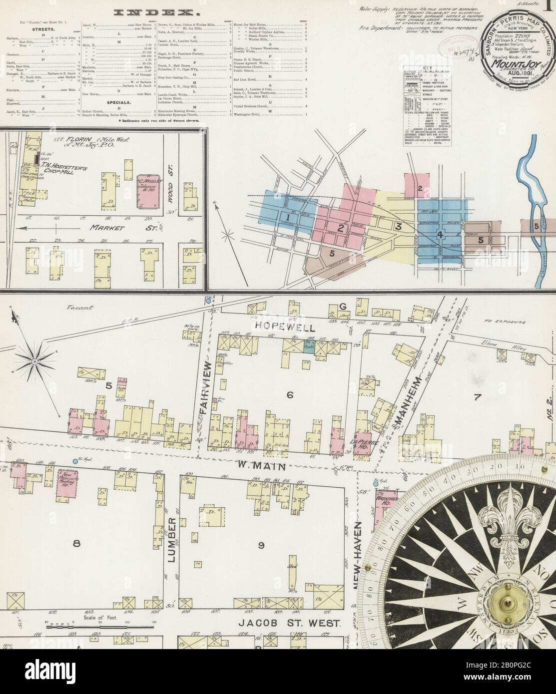 Bild 1 von Sanborn Fire Insurance Map aus Mount Joy, Lancaster County, Pennsylvania. August 1891. 5 Blatt(e), Amerika, Straßenkarte mit einem Kompass Aus Dem 19. Jahrhundert Stockfoto