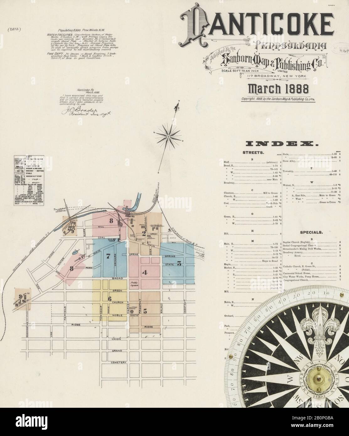 Bild 1 von Sanborn Fire Insurance Map aus Nanticoke, Luzerne County, Pennsylvania. März 1888. 9 Blatt(e), Amerika, Straßenkarte mit einem Kompass Aus Dem 19. Jahrhundert Stockfoto