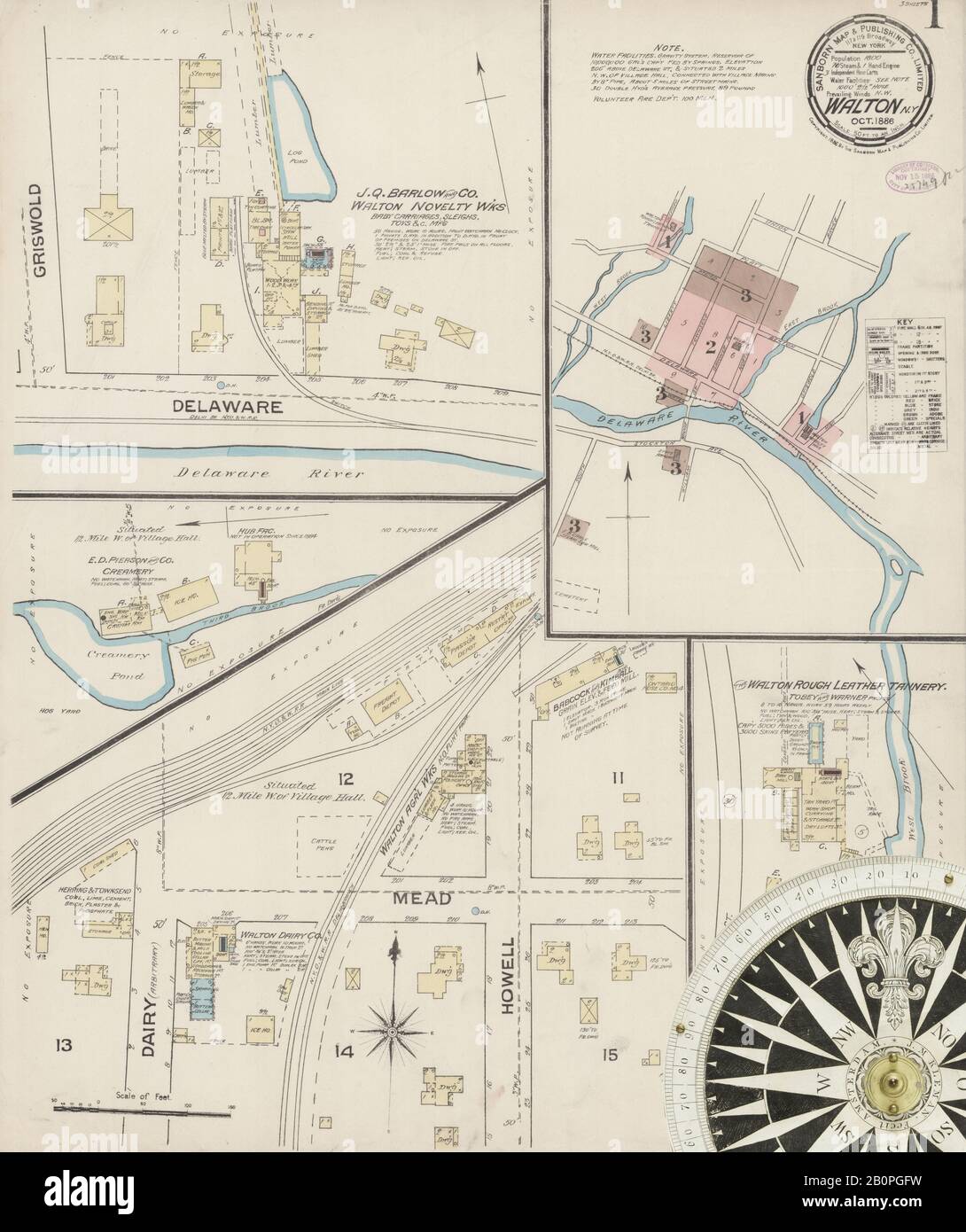 Bild 1 von Sanborn Fire Insurance Map aus Walton, Delaware County, New York. Oktober 1886. 3 Blatt(e), Amerika, Straßenkarte mit einem Kompass Aus Dem 19. Jahrhundert Stockfoto