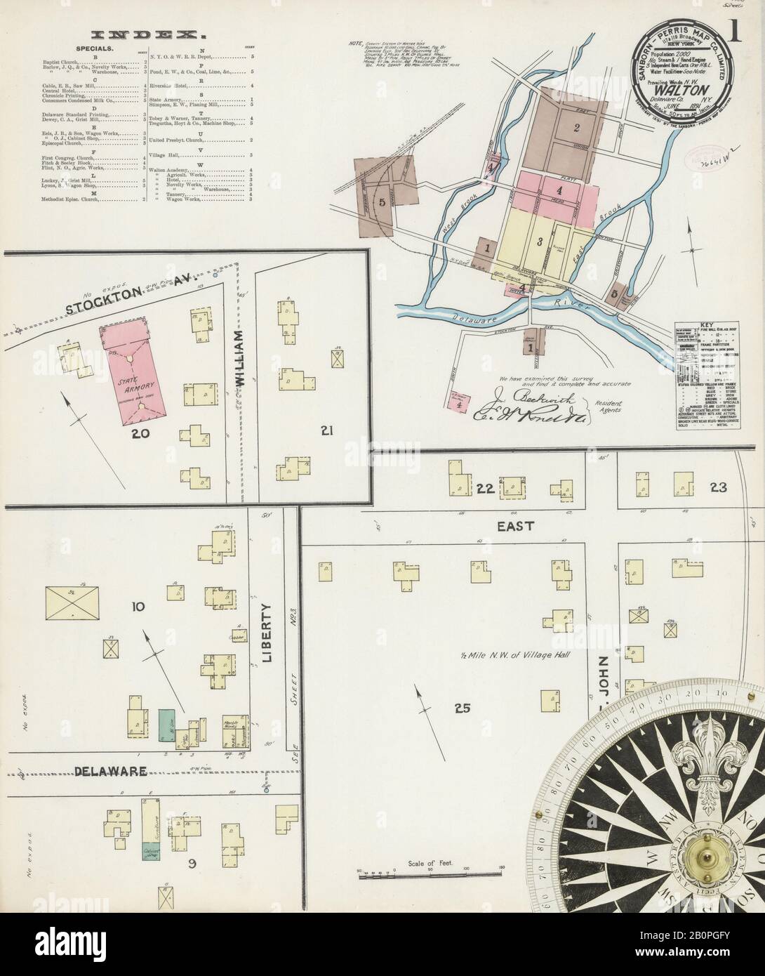 Bild 1 von Sanborn Fire Insurance Map aus Walton, Delaware County, New York. Juni 1891. 5 Blatt(e), Amerika, Straßenkarte mit einem Kompass Aus Dem 19. Jahrhundert Stockfoto