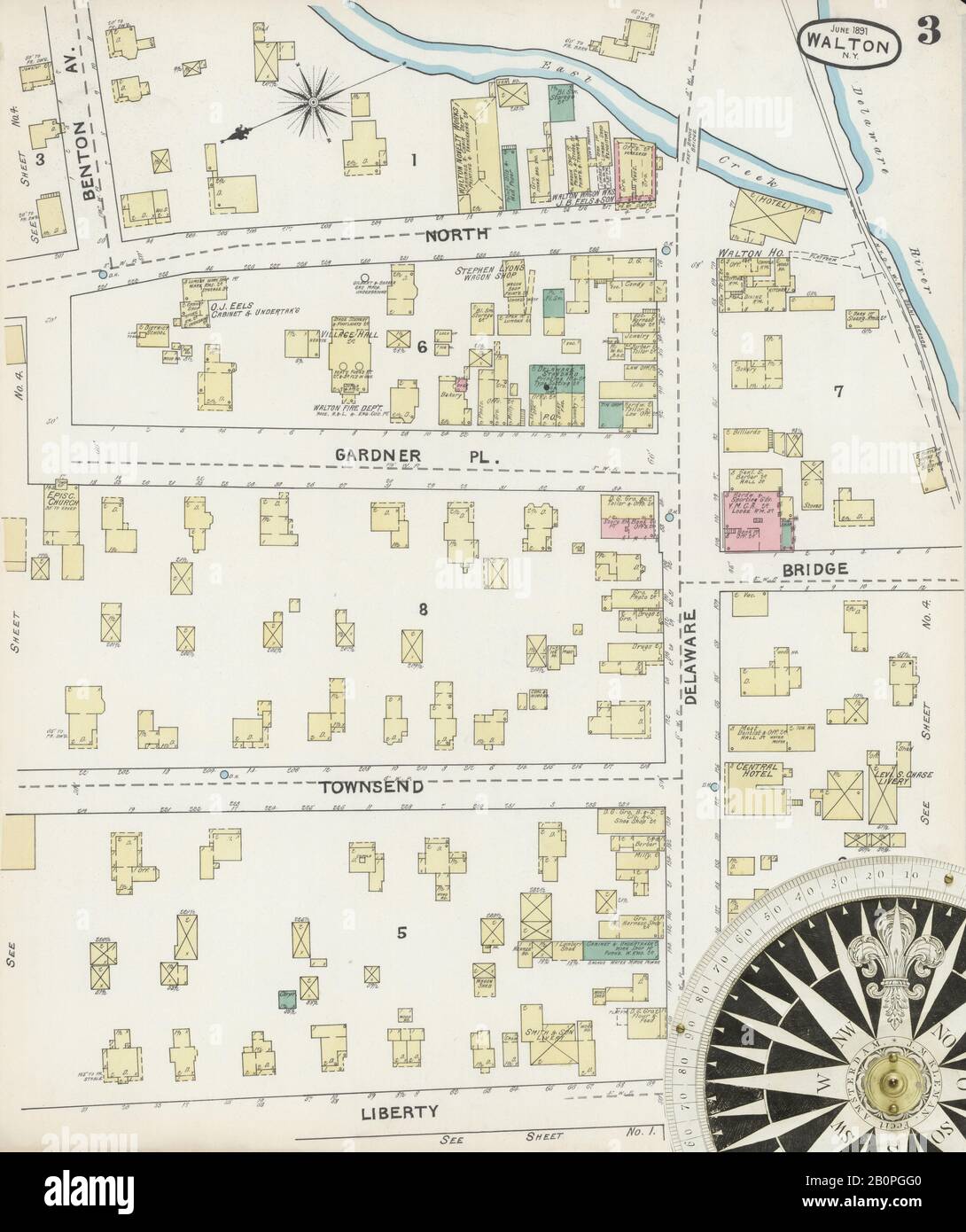 Bild 3 von Sanborn Fire Insurance Map aus Walton, Delaware County, New York. Juni 1891. 5 Blatt(e), Amerika, Straßenkarte mit einem Kompass Aus Dem 19. Jahrhundert Stockfoto