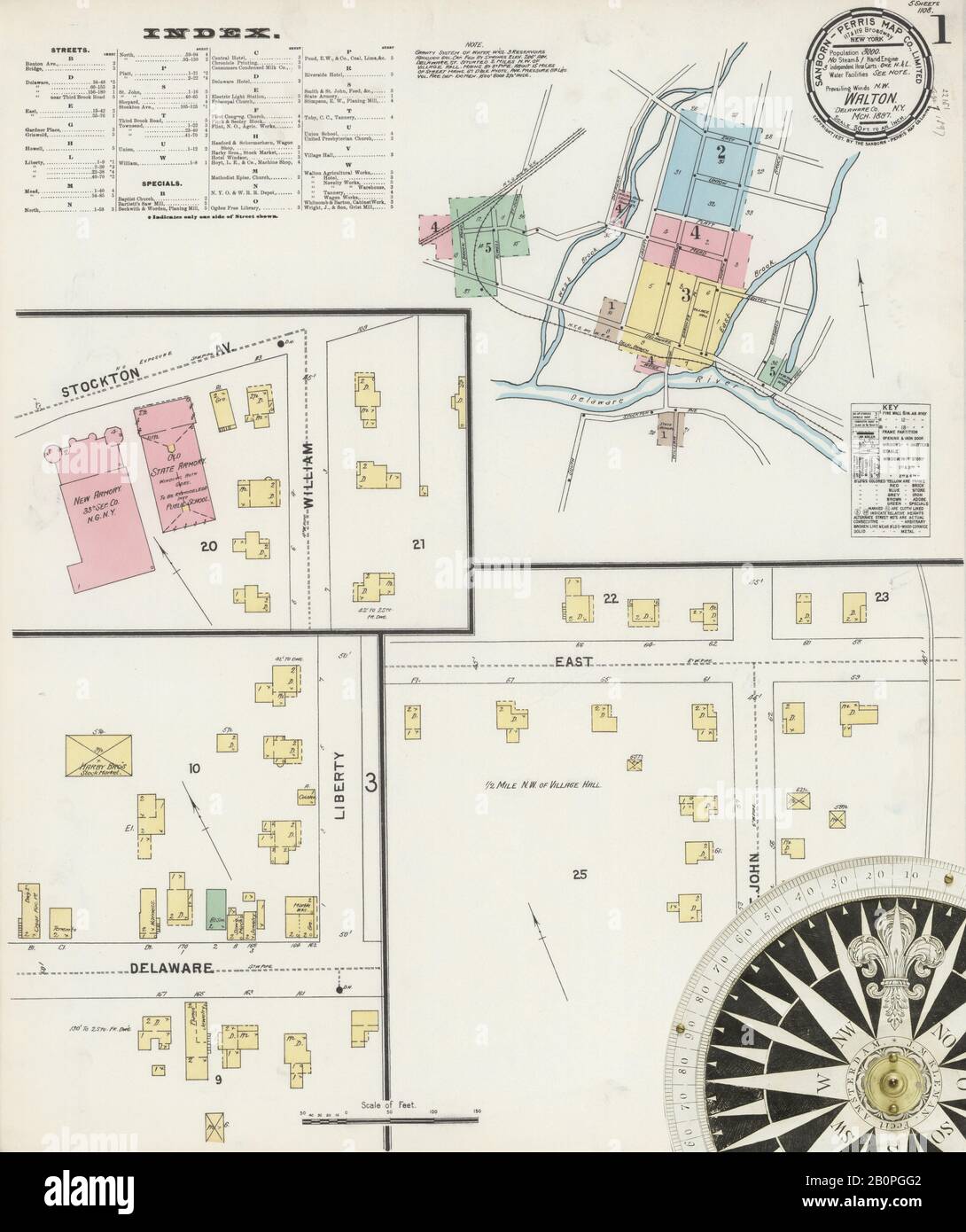 Bild 1 von Sanborn Fire Insurance Map aus Walton, Delaware County, New York. März 1897. 5 Blatt(e), Amerika, Straßenkarte mit einem Kompass Aus Dem 19. Jahrhundert Stockfoto
